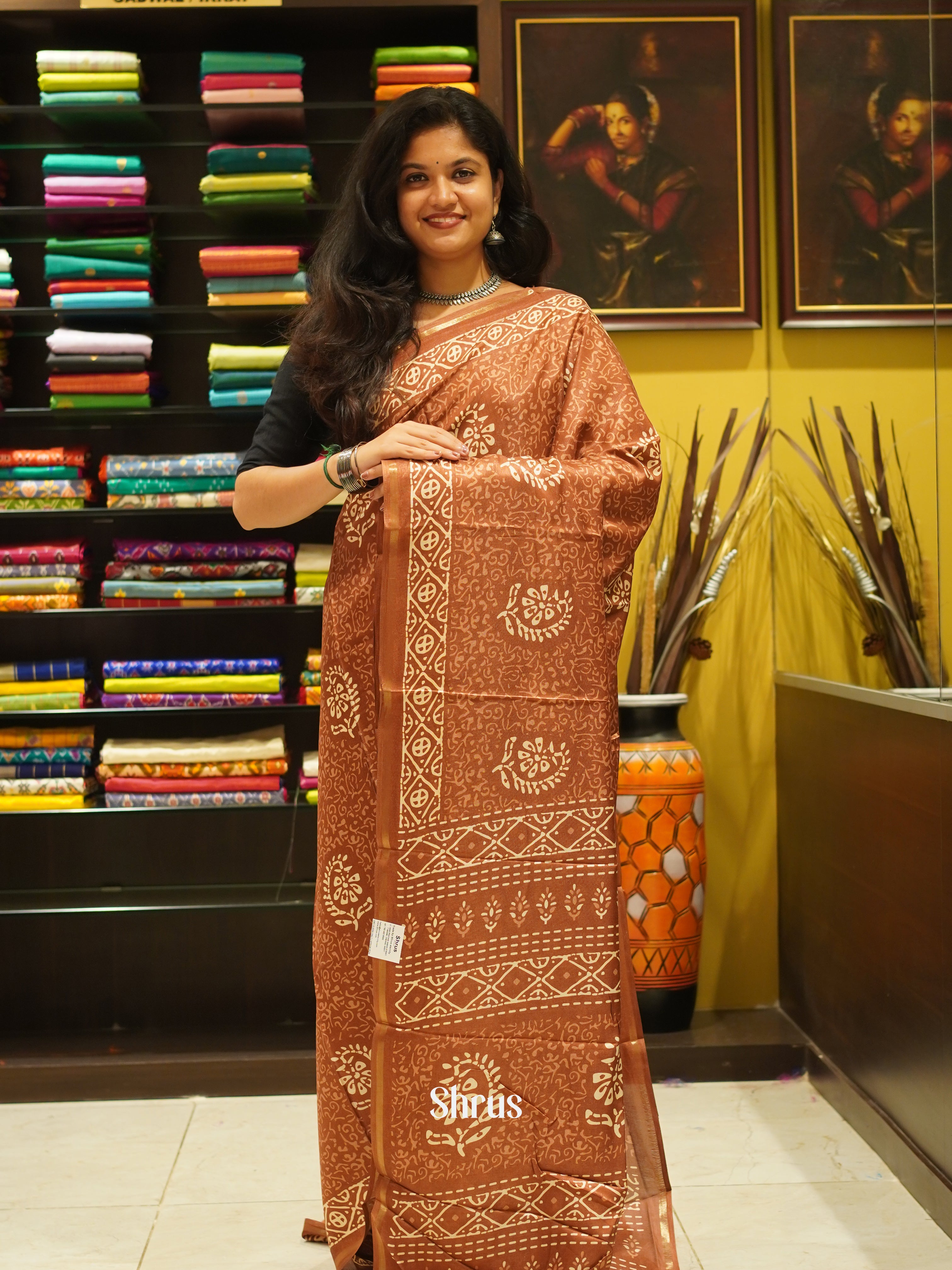 Brown(SIngle Tone) - Semi Crepe Saree - Shop on ShrusEternity.com