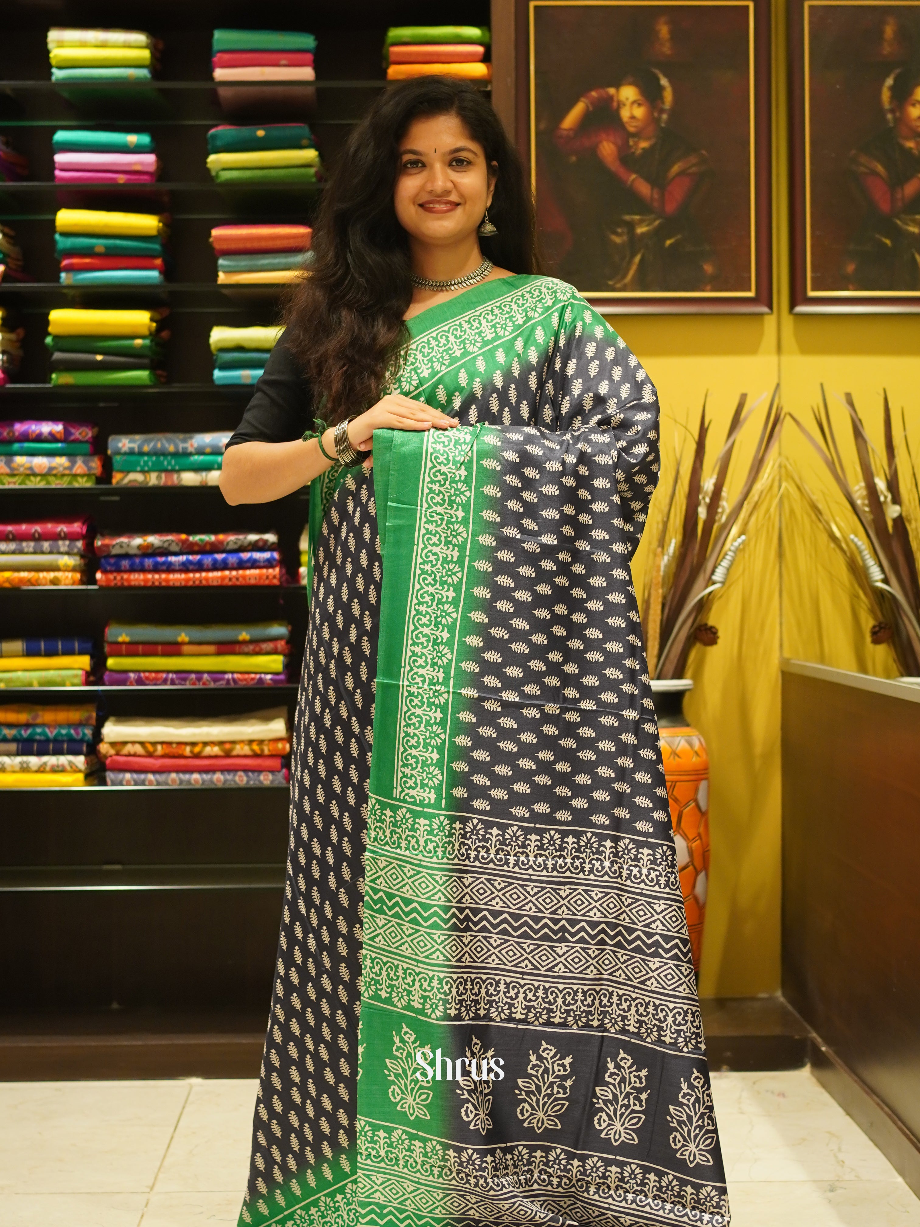Black & Green- Semi Crepe Saree - Shop on ShrusEternity.com