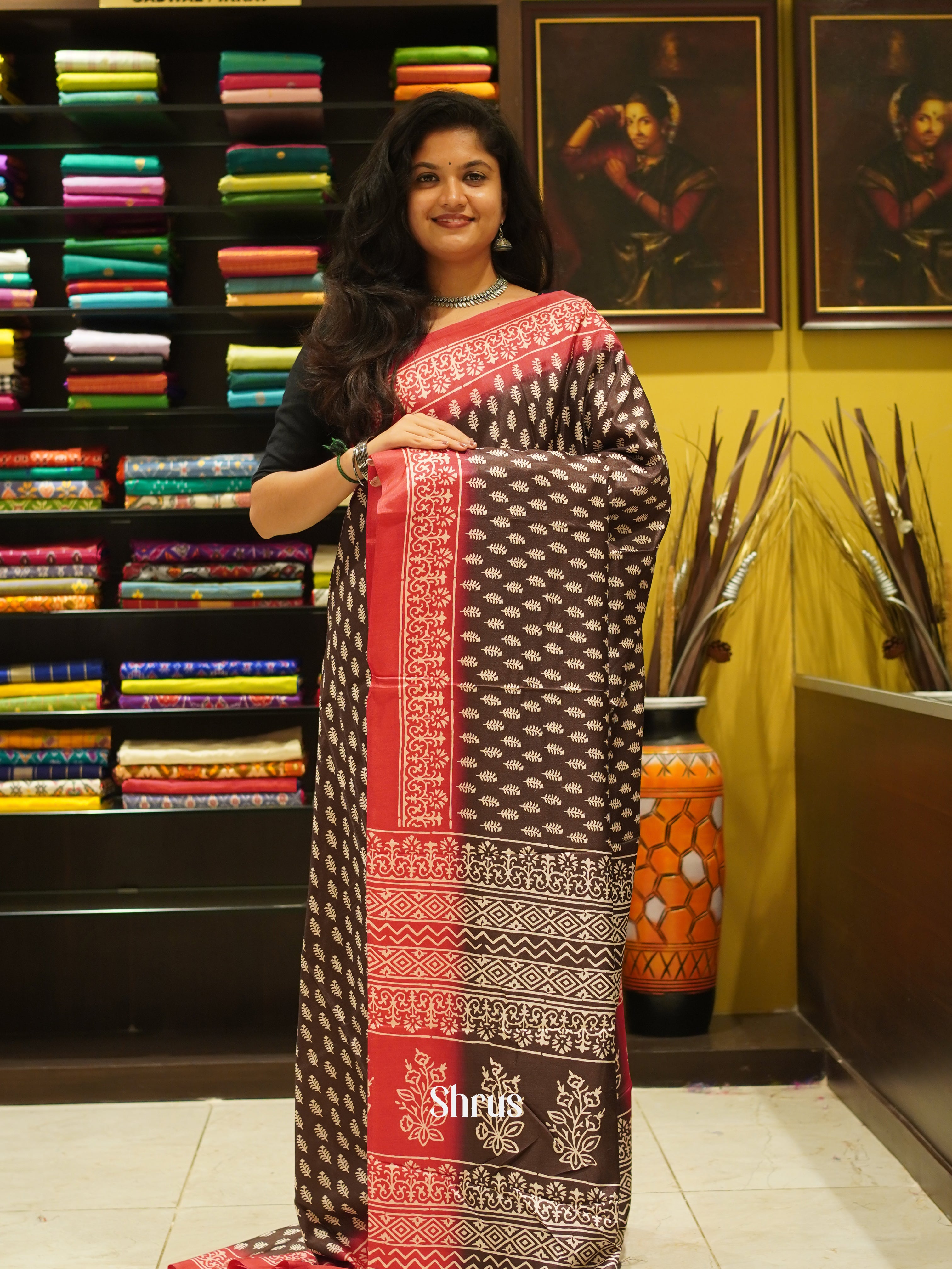 Brown & Pink- Semi Crepe Saree - Shop on ShrusEternity.com