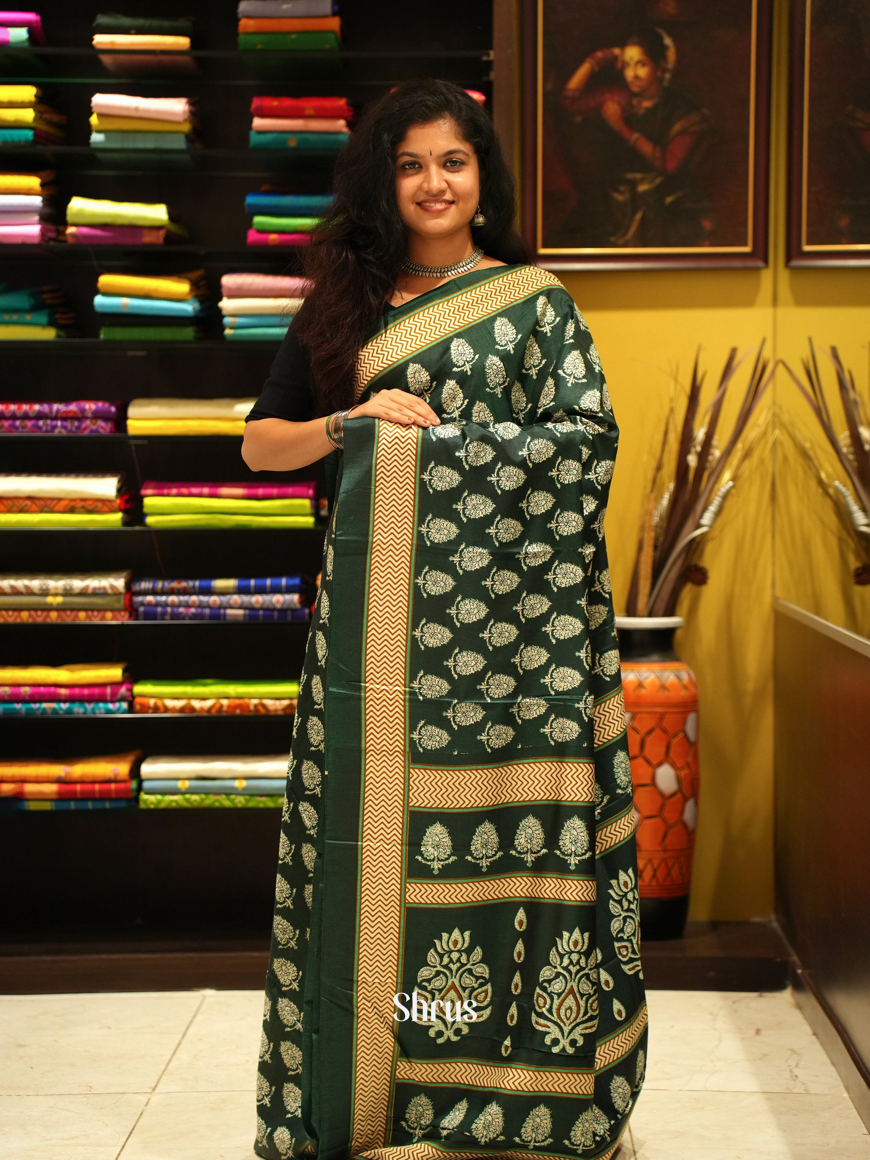 Bottle Green(Single Tone)- Semi Crepe Saree - Shop on ShrusEternity.com