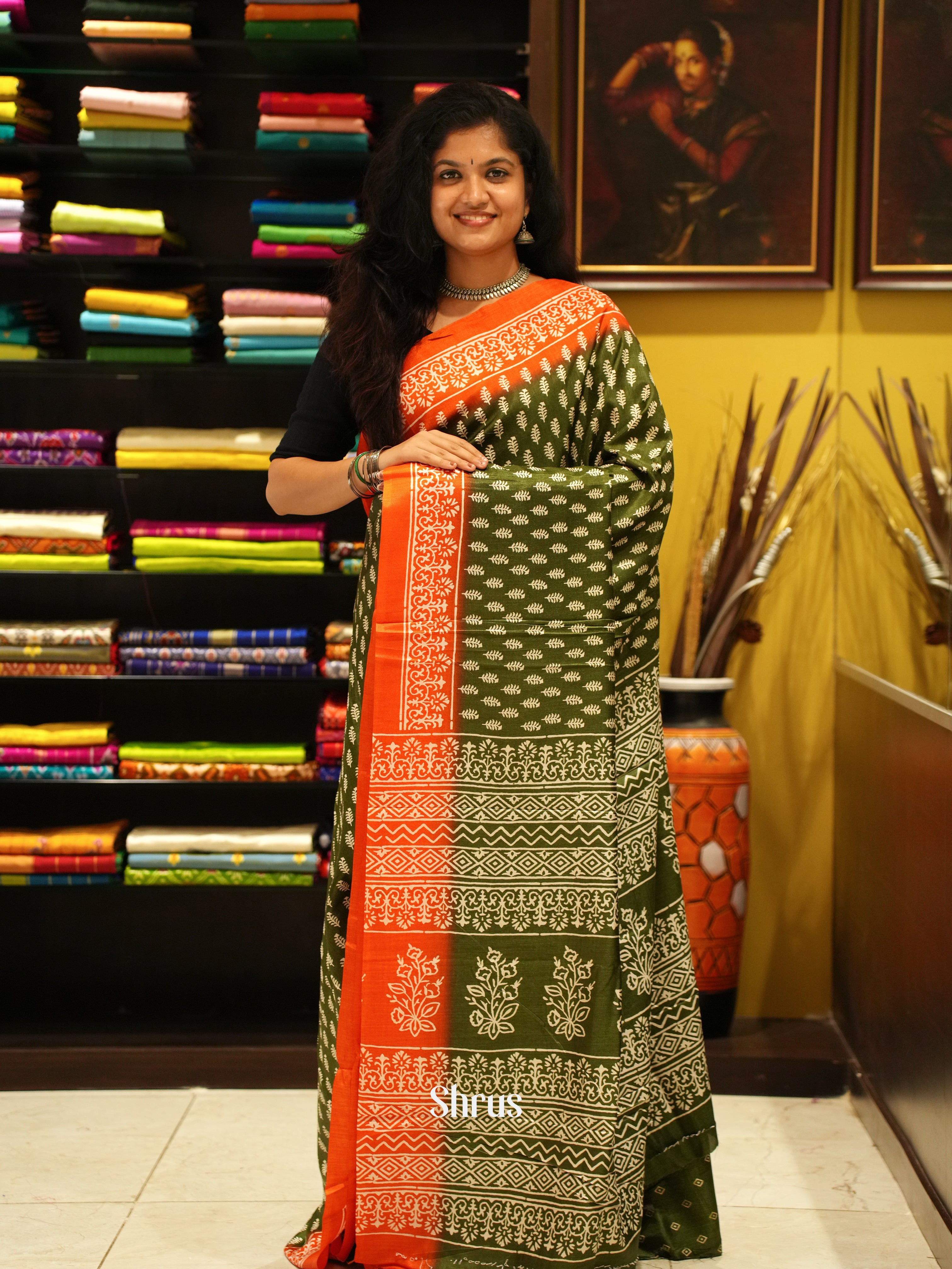 Green & Orange- Semi Crepe Saree - Shop on ShrusEternity.com