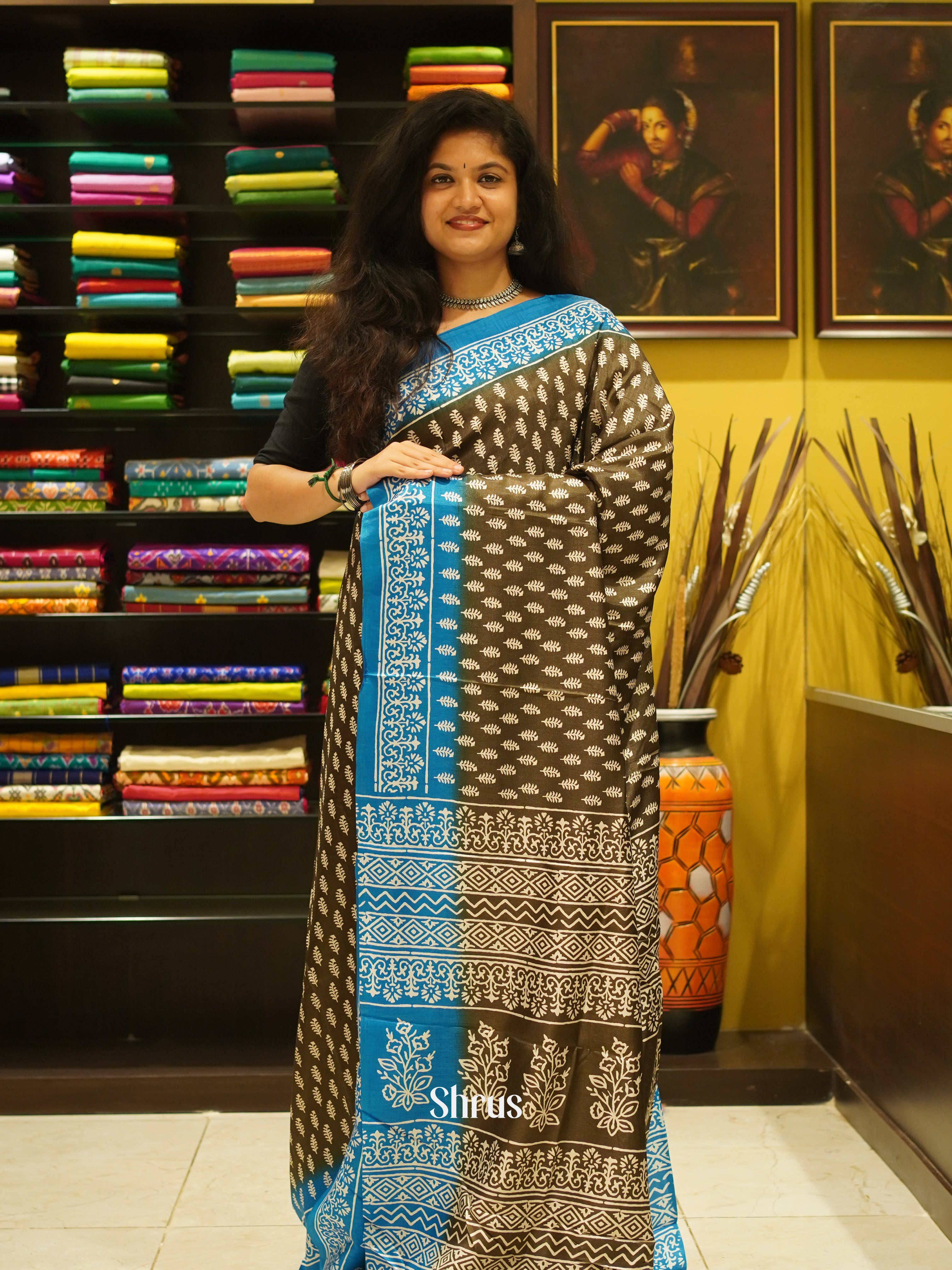Brown & Blue - Semi Crepe Saree - Shop on ShrusEternity.com
