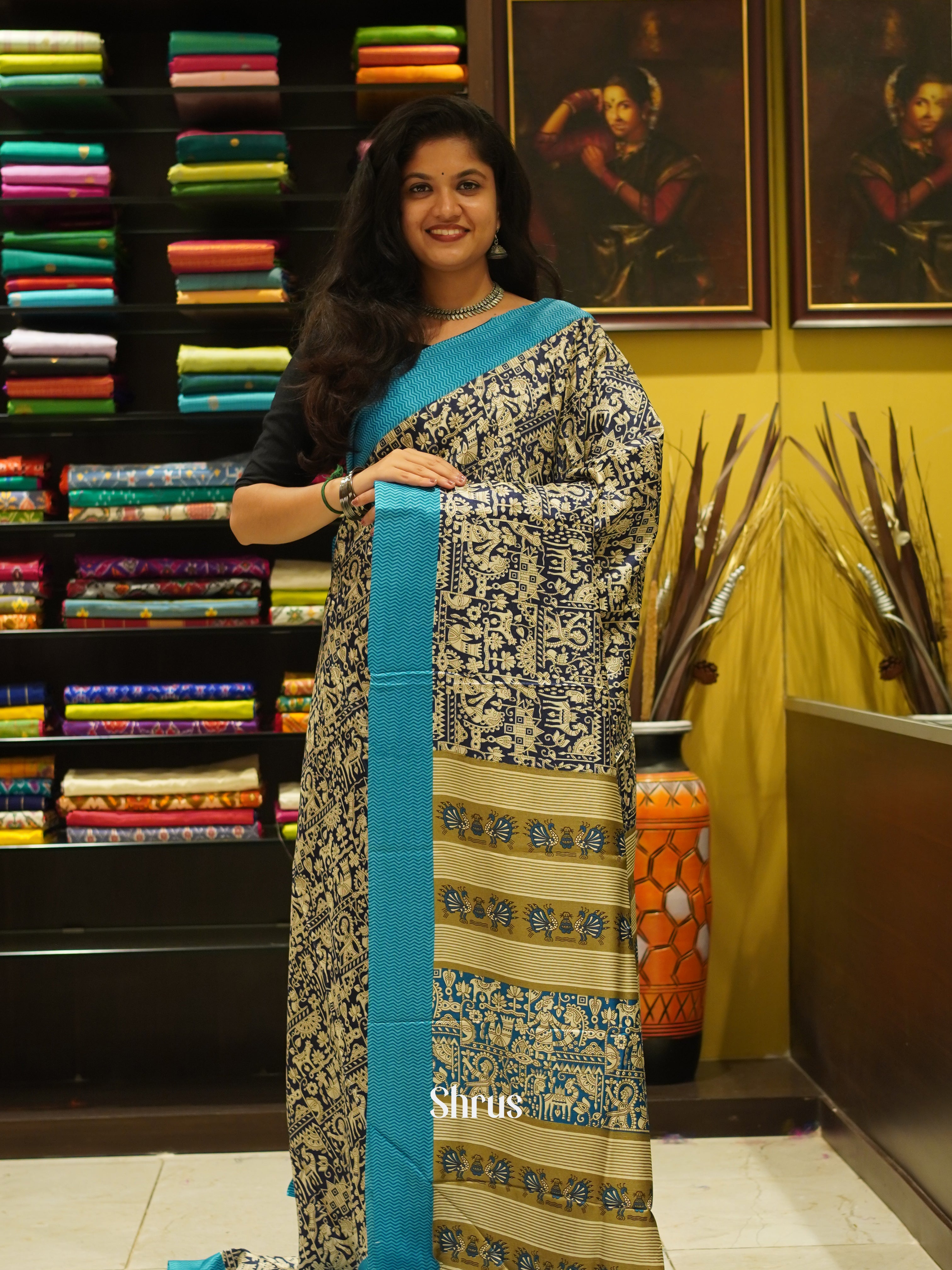 Blue & Teal - Semi Crepe Saree - Shop on ShrusEternity.com