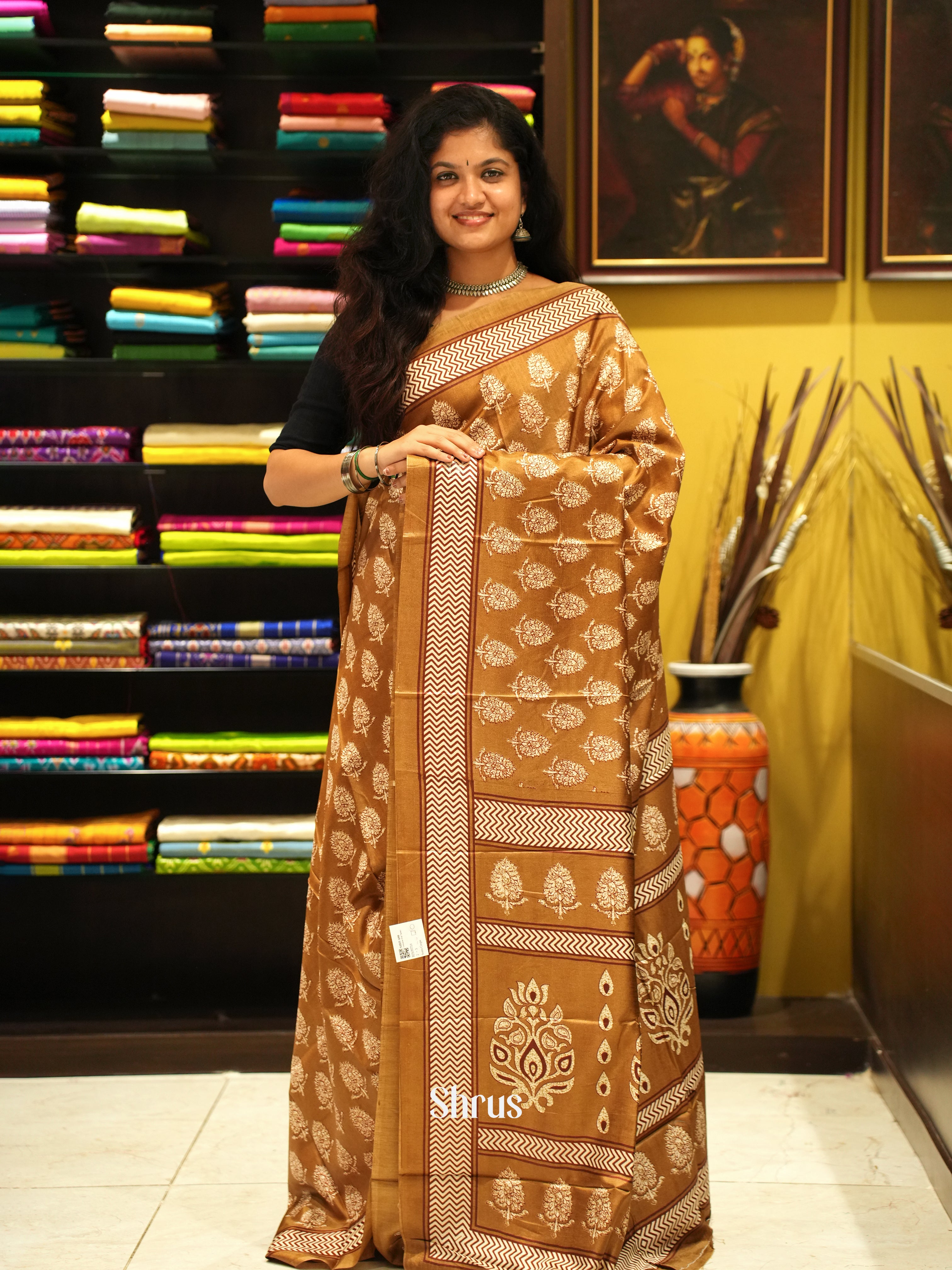 Light Brown(SIngle Tone) - Semi Crepe Saree - Shop on ShrusEternity.com