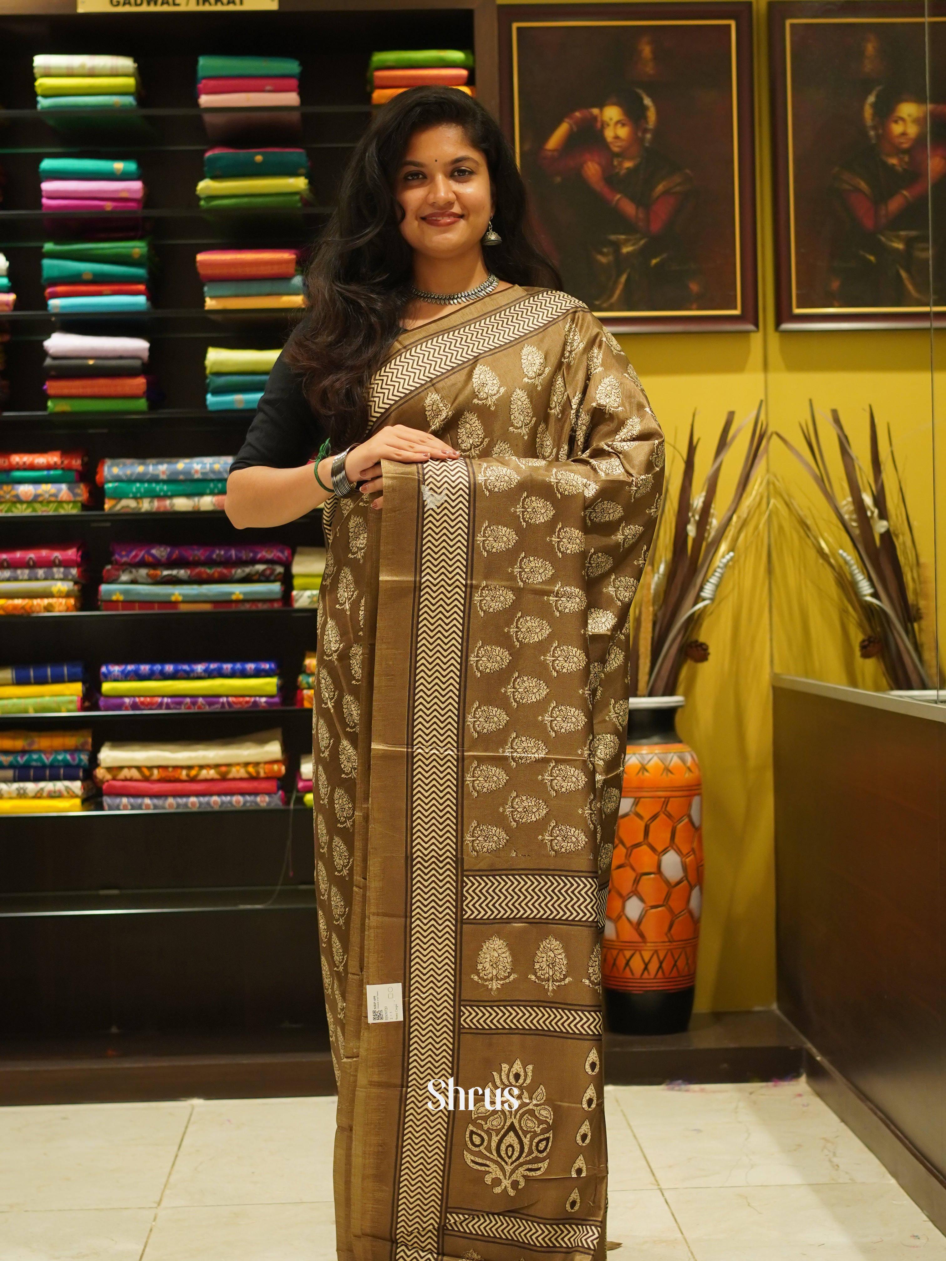 Brown(Single Tone) - Semi Crepe Saree - Shop on ShrusEternity.com