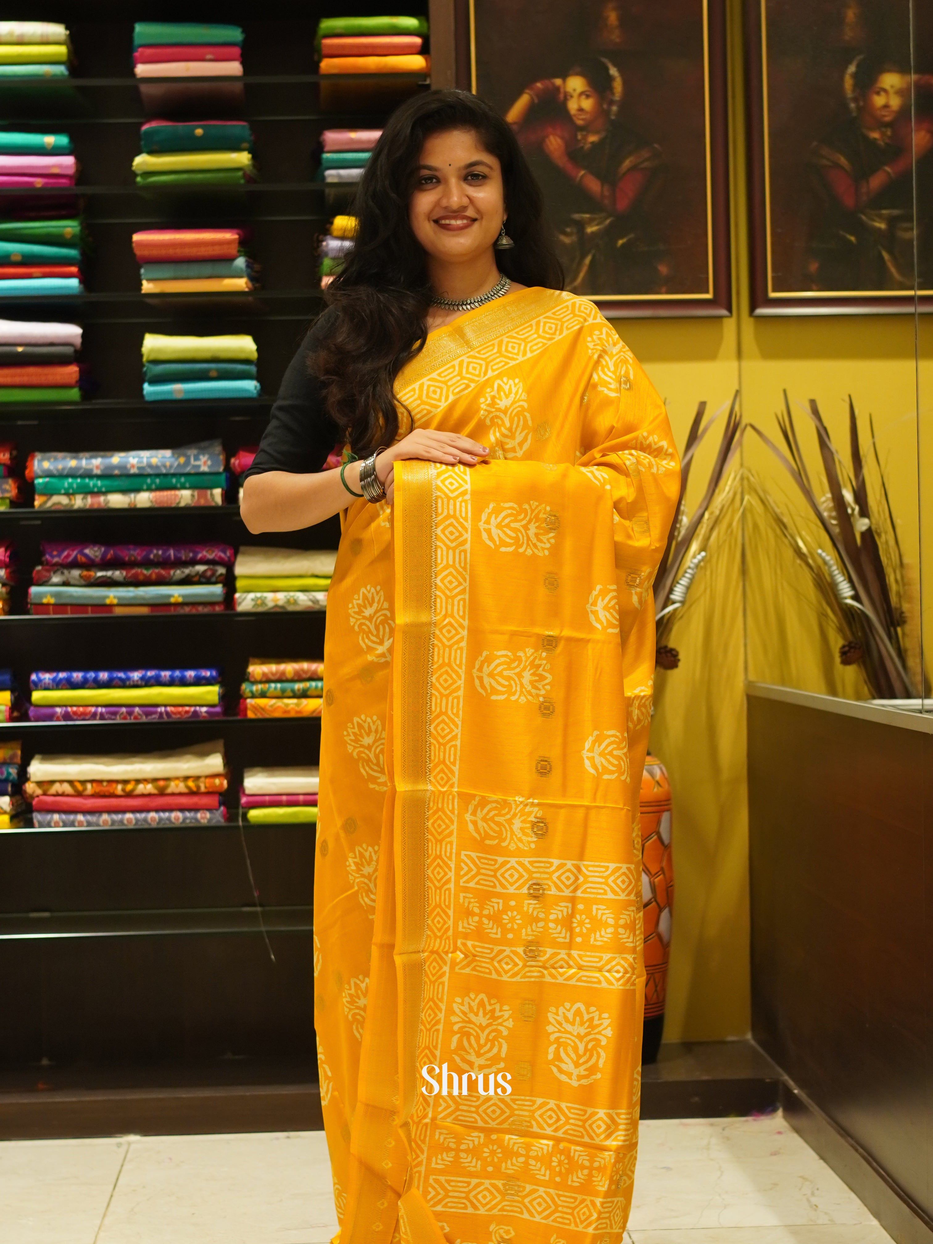 Yellow(Single tone) - Semi Crepe Saree - Shop on ShrusEternity.com