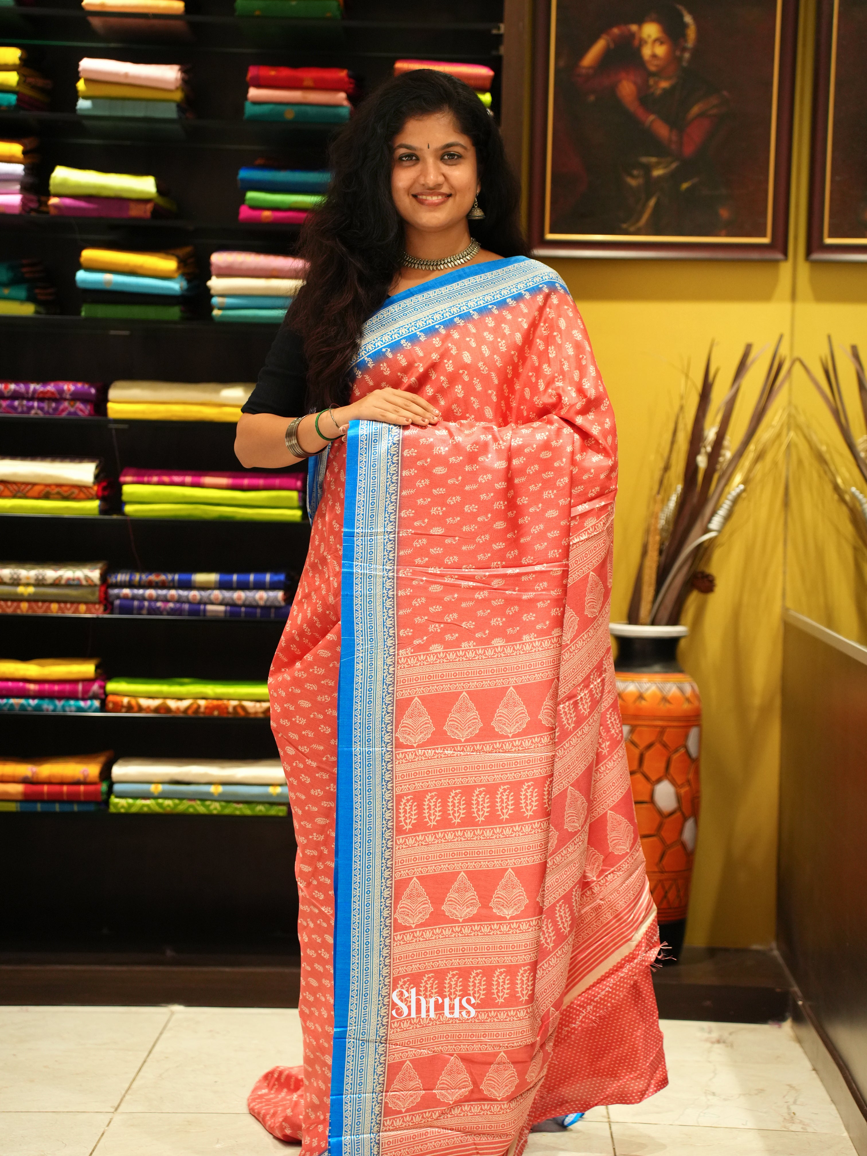 Peacish Pink & Blue- Semi Crepe Saree - Shop on ShrusEternity.com