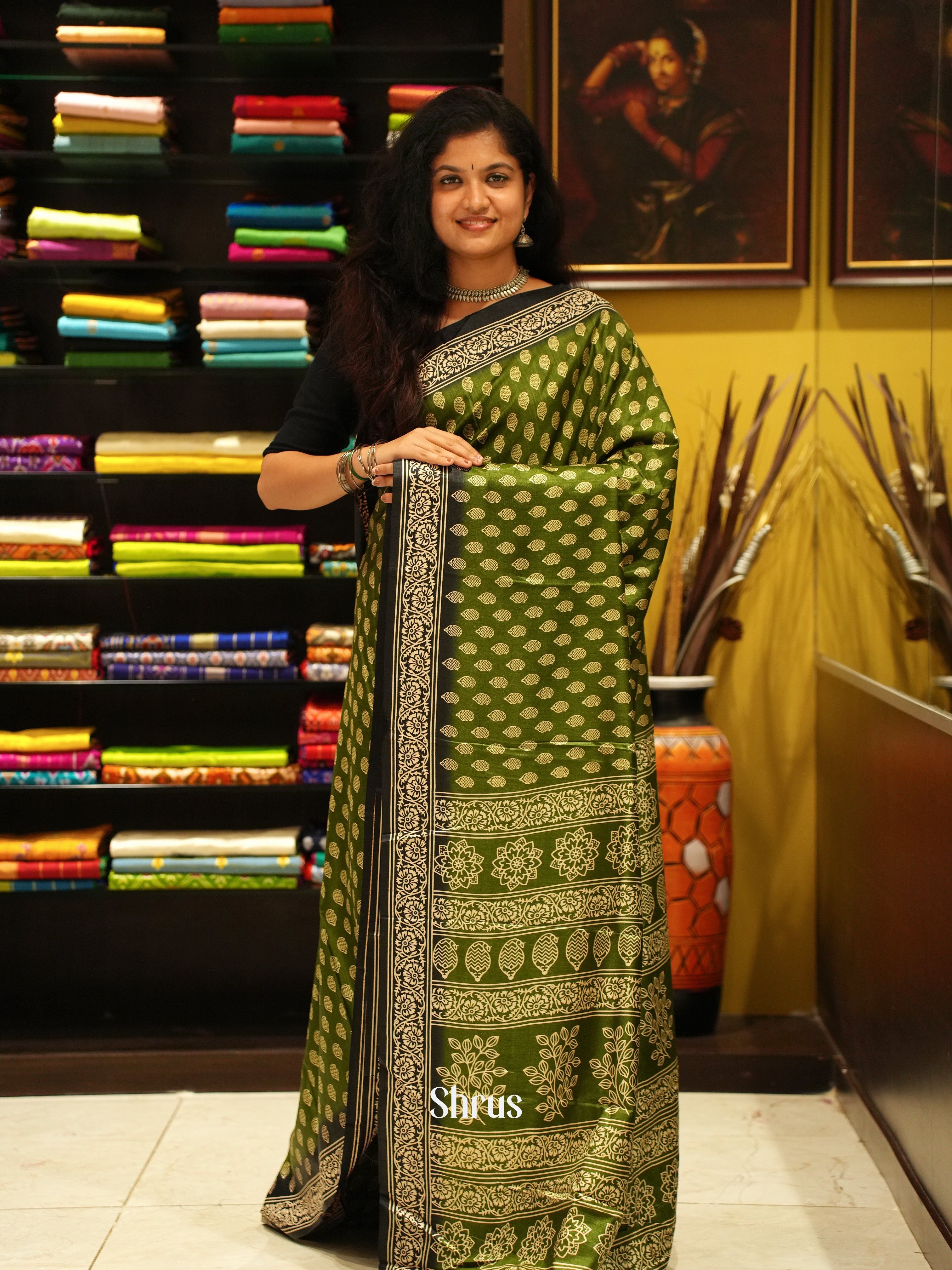 Green & Black- Semi Crepe Saree - Shop on ShrusEternity.com