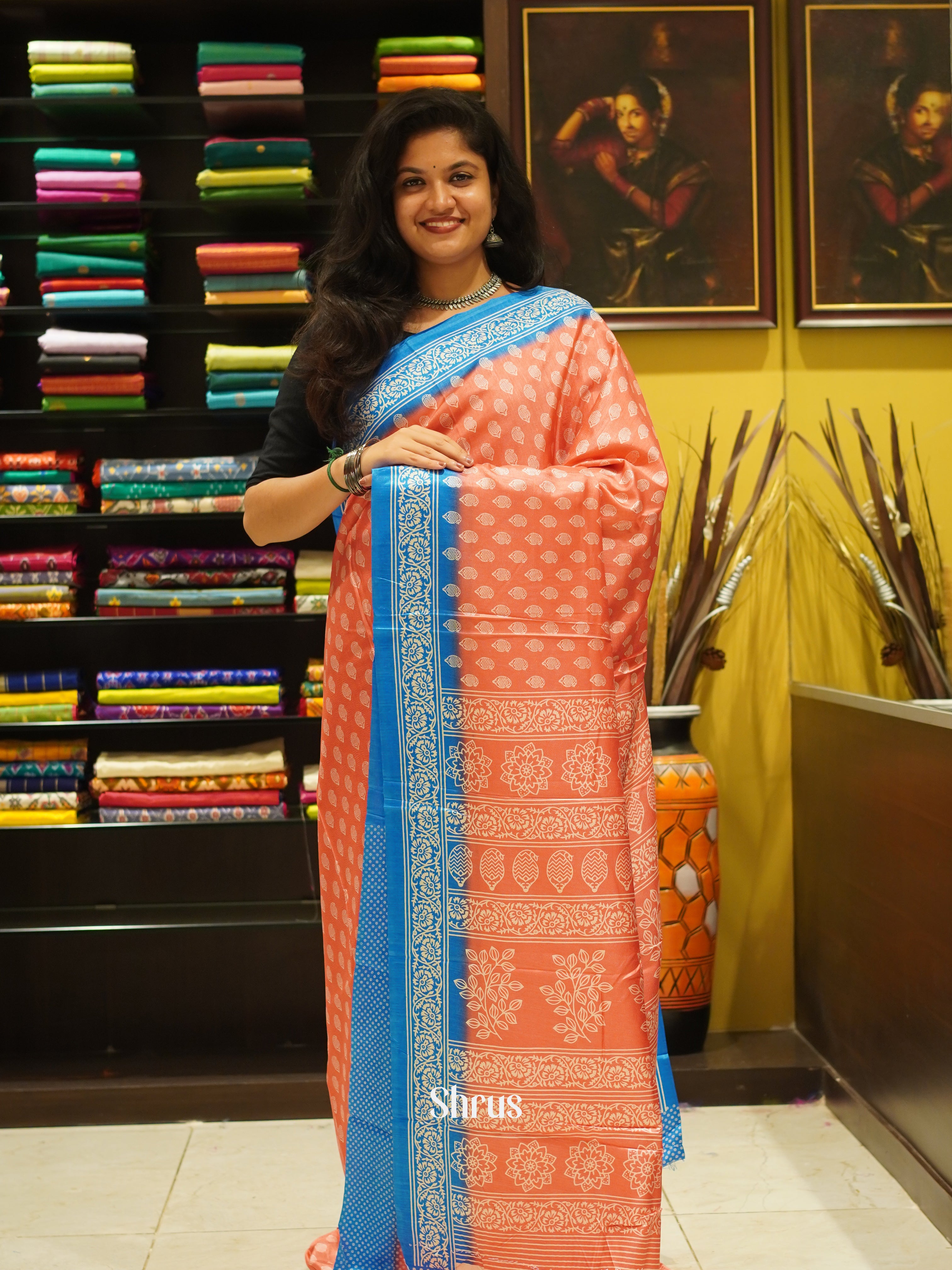 Pink & Blue - Semi Crepe Saree - Shop on ShrusEternity.com