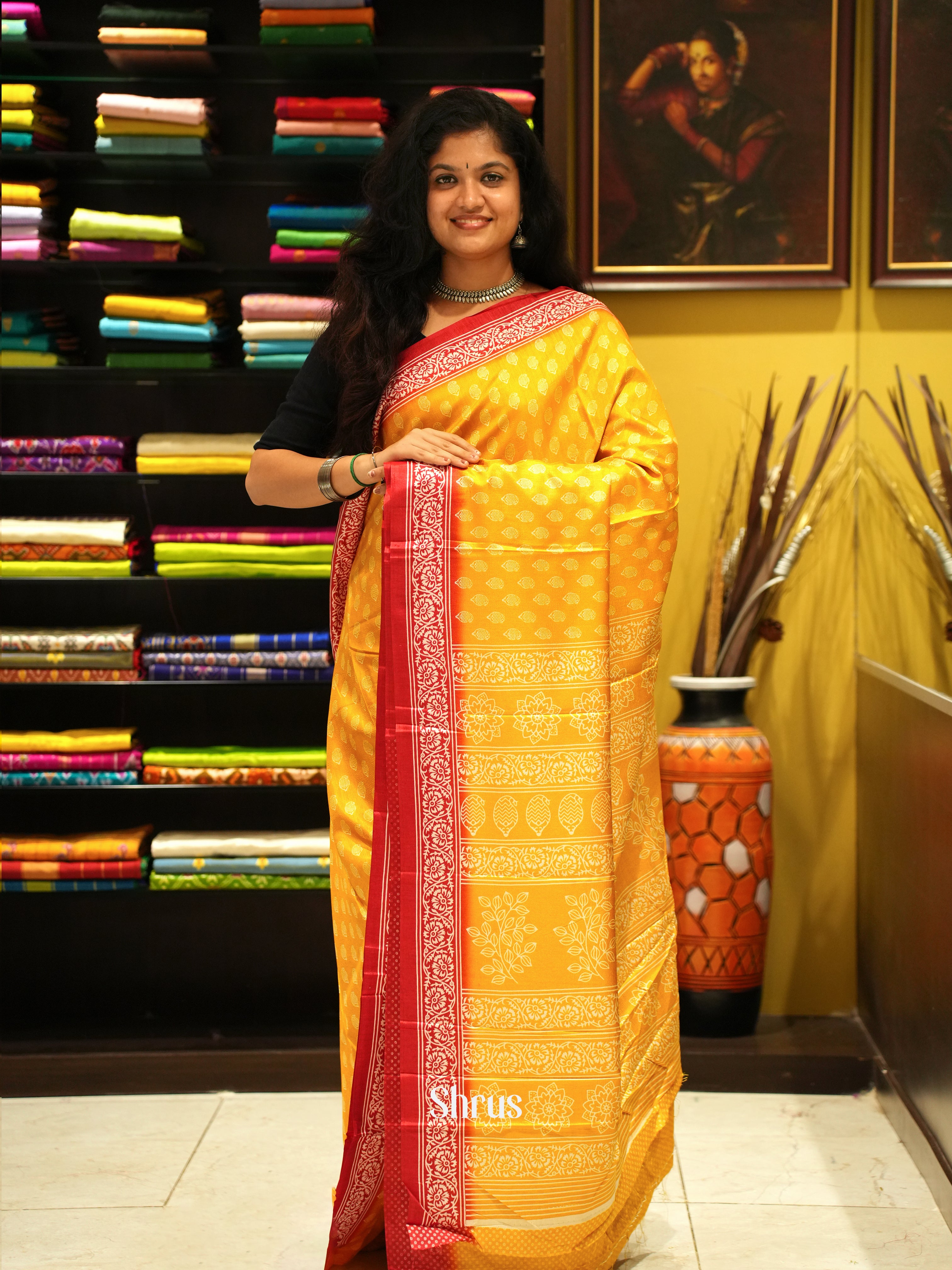 Yellow & Red - Semi Crepe Saree - Shop on ShrusEternity.com