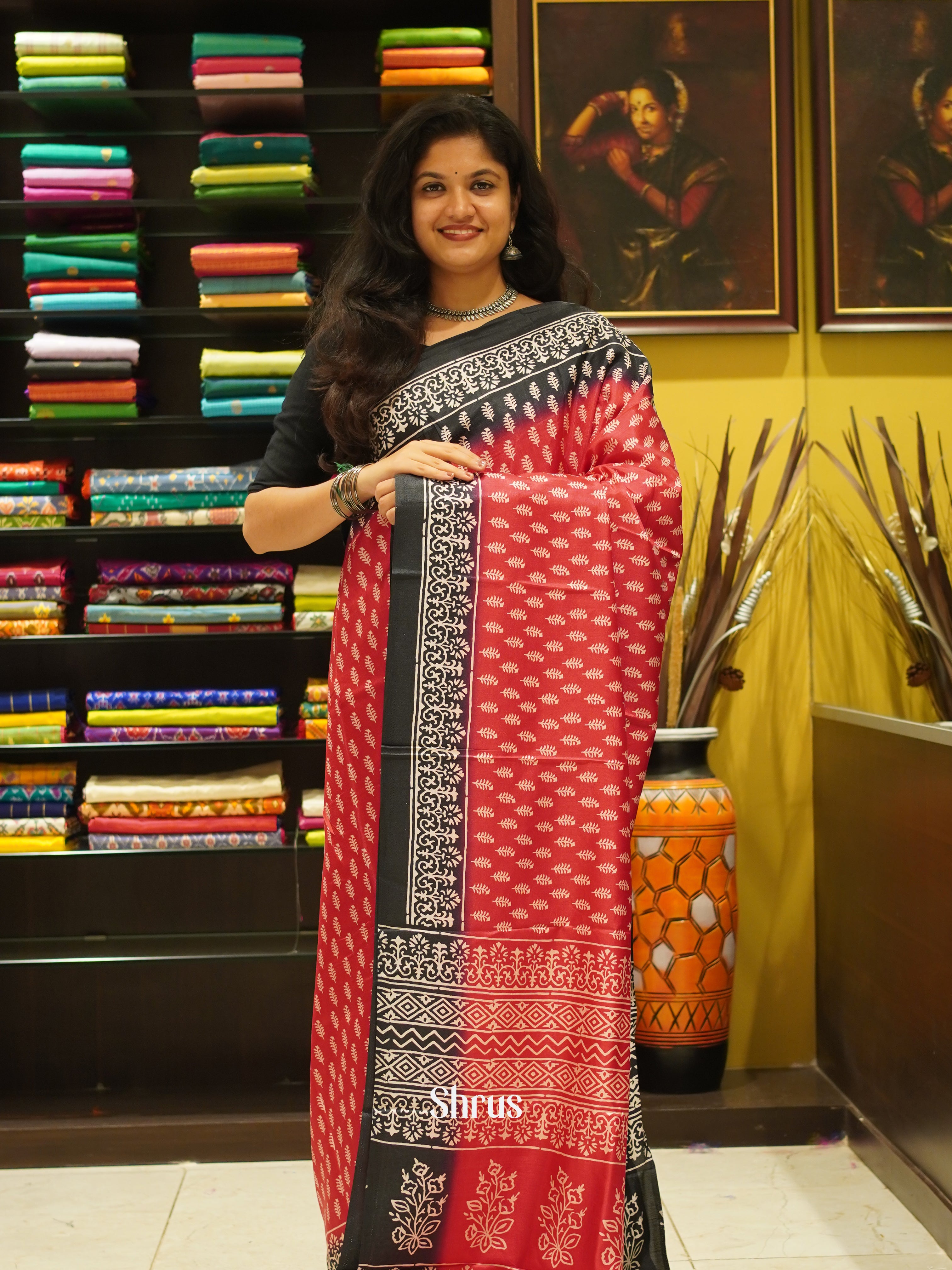 Pink & Black- Semi crepe Saree - Shop on ShrusEternity.com