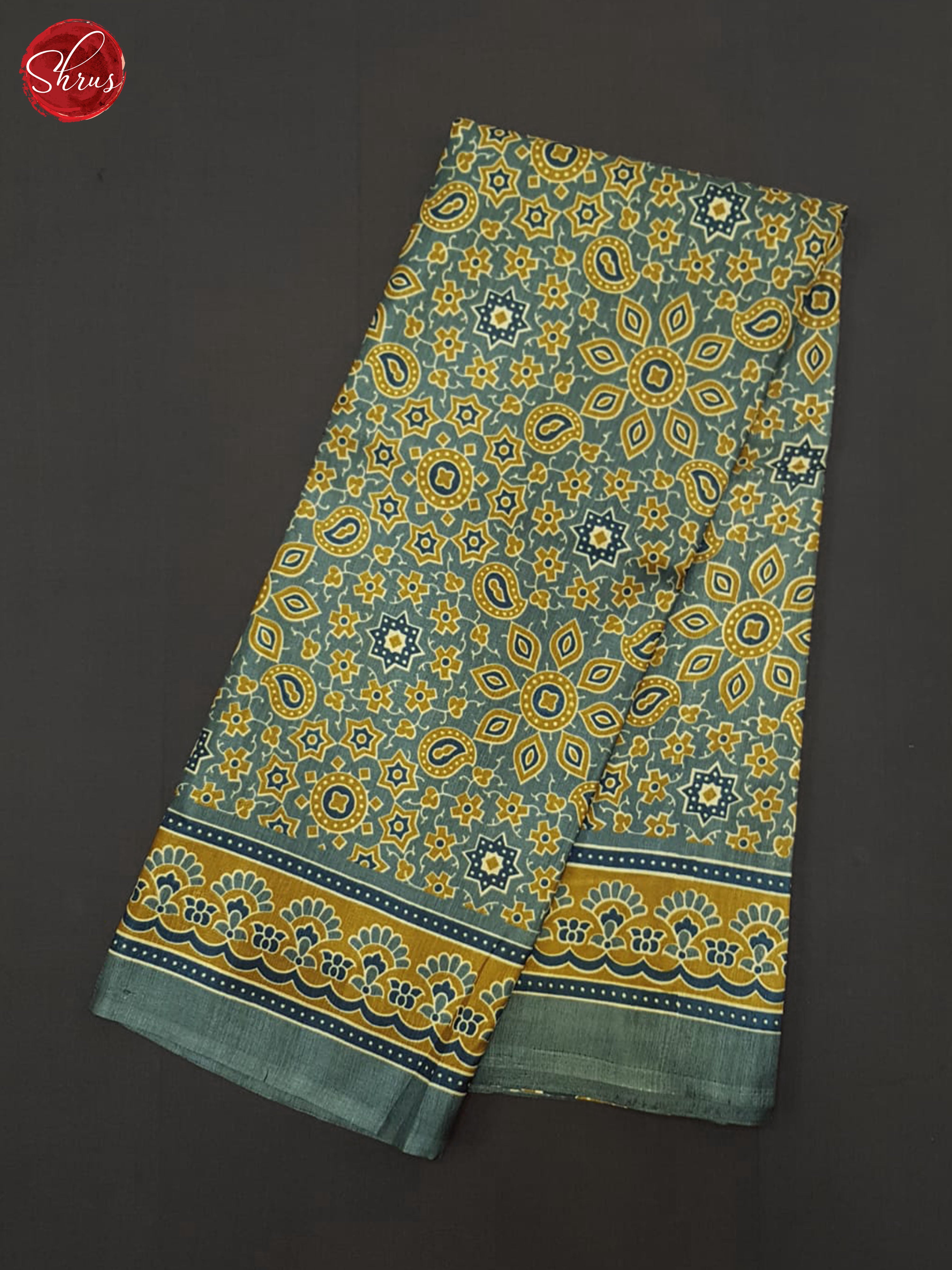 Bluish Grey & Mustard - Semi crepe Saree - Shop on ShrusEternity.com