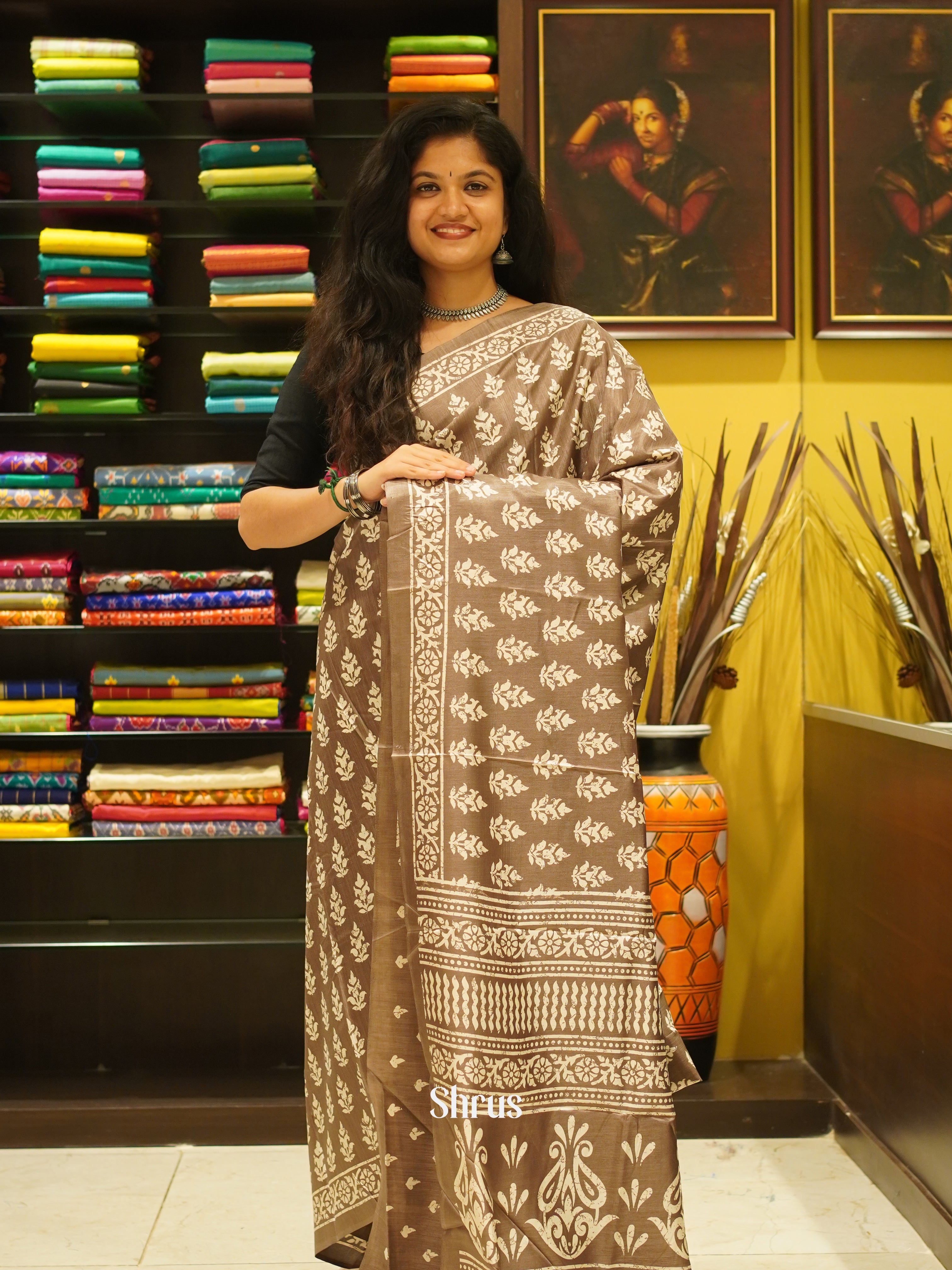 Brown(Single Tone )- Semi Crepe Saree - Shop on ShrusEternity.com