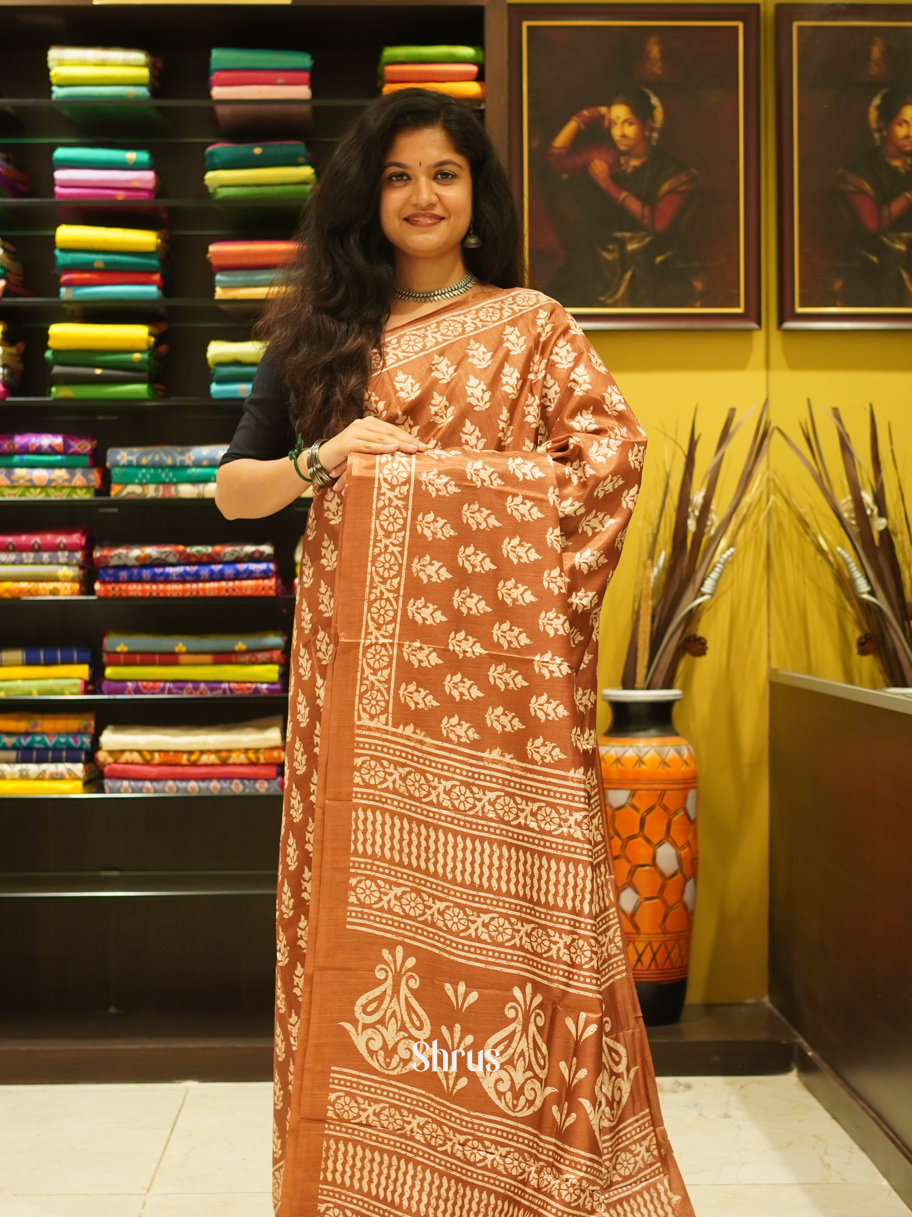 Brown(Single Tone) - Semi Crepe Saree - Shop on ShrusEternity.com