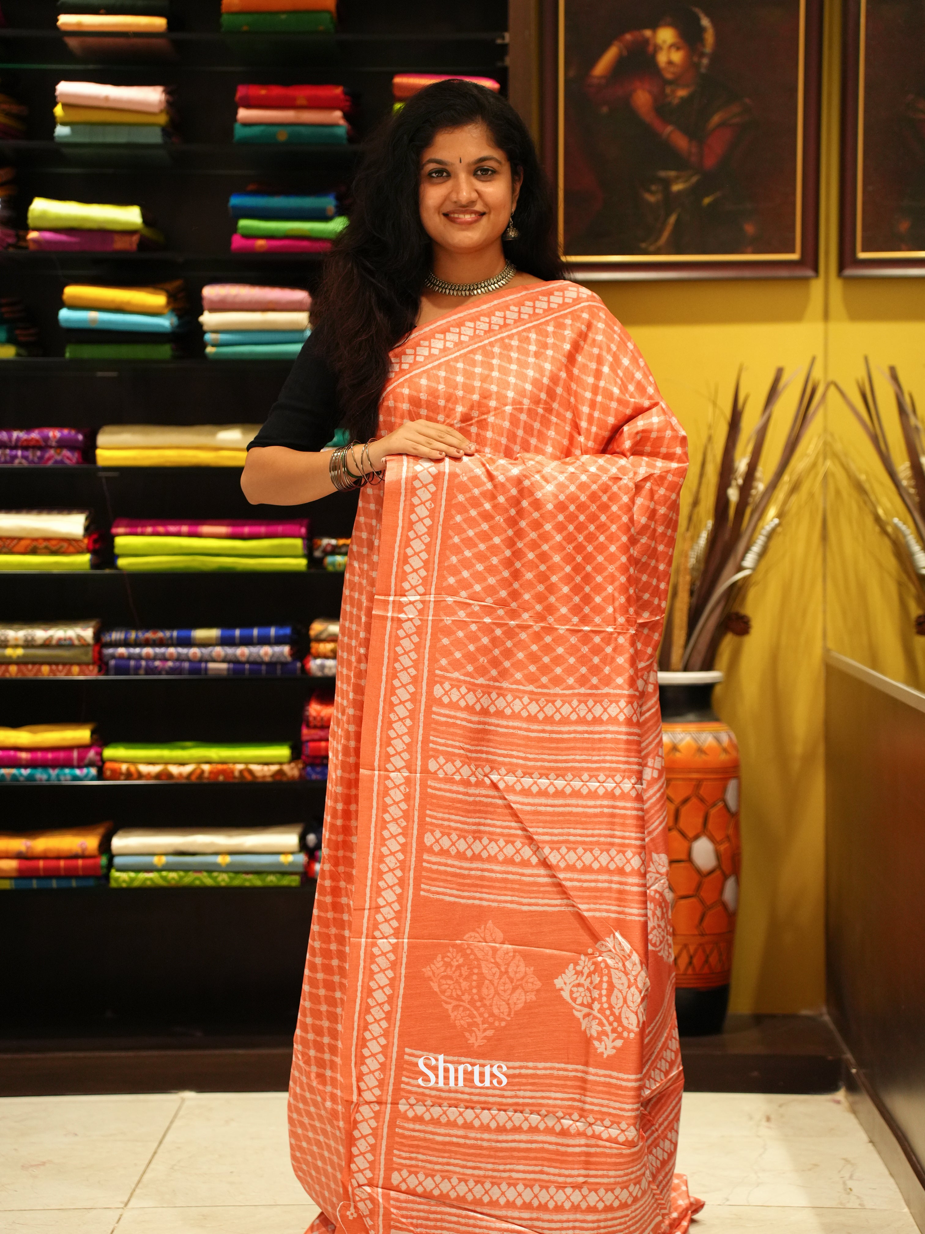 Orangish Pink (Single Tone) - Semi crepe Saree - Shop on ShrusEternity.com