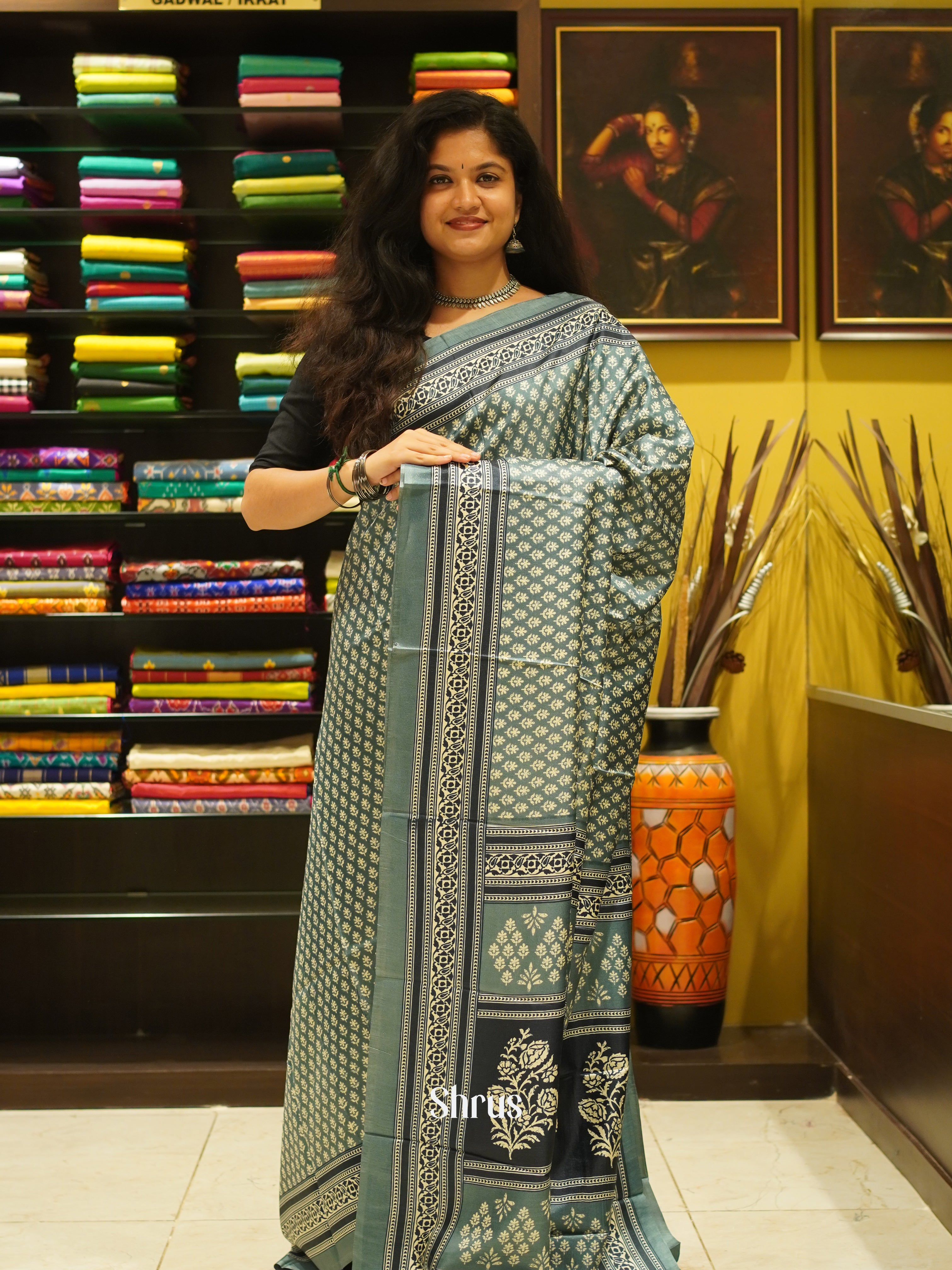 Bluish Grey & Black - Semi Crepe Saree - Shop on ShrusEternity.com