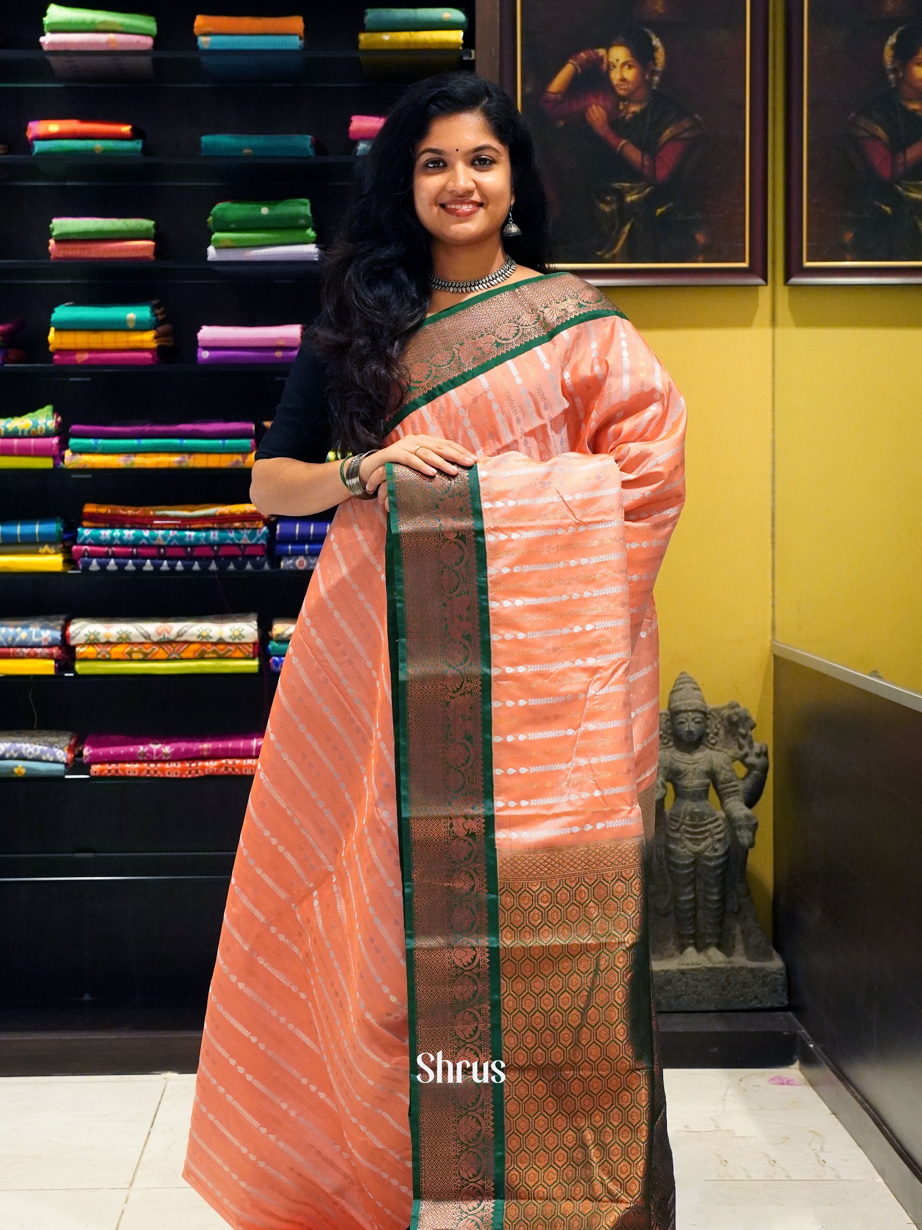 Peach & Green- Semi Kanchipuram Saree - Shop on ShrusEternity.com