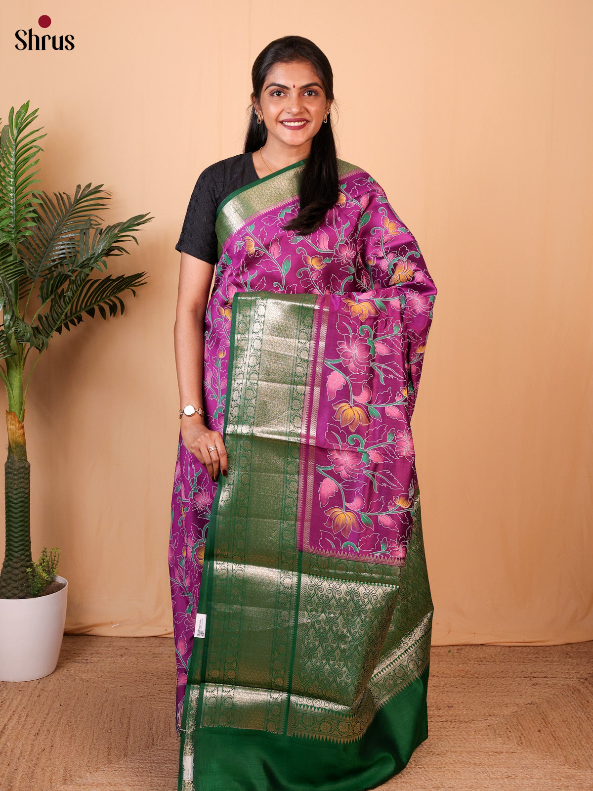 flower design Purple & Green - Tussar Saree
