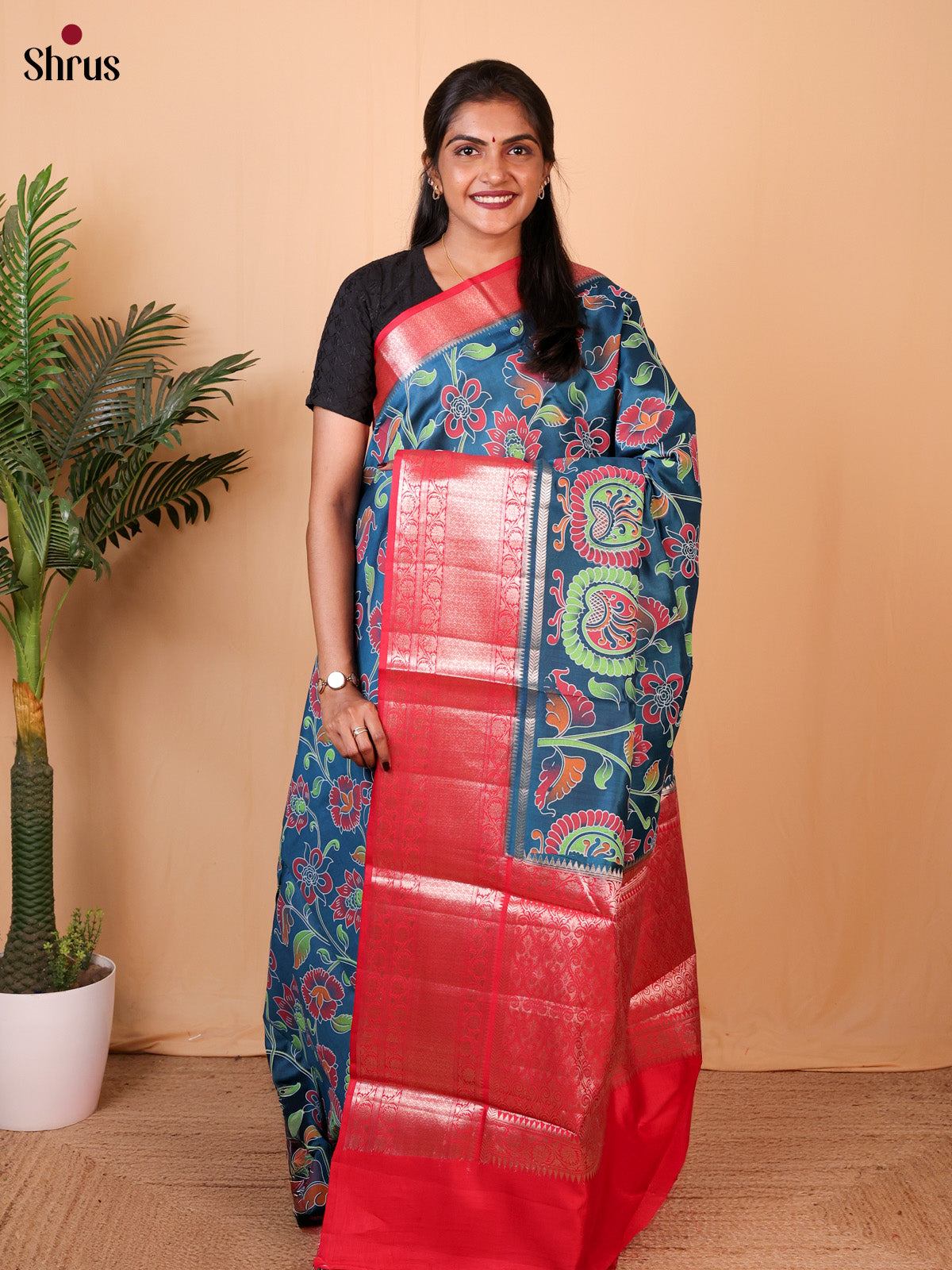 Blue & Red - Tussar Saree - Shop on ShrusEternity.com