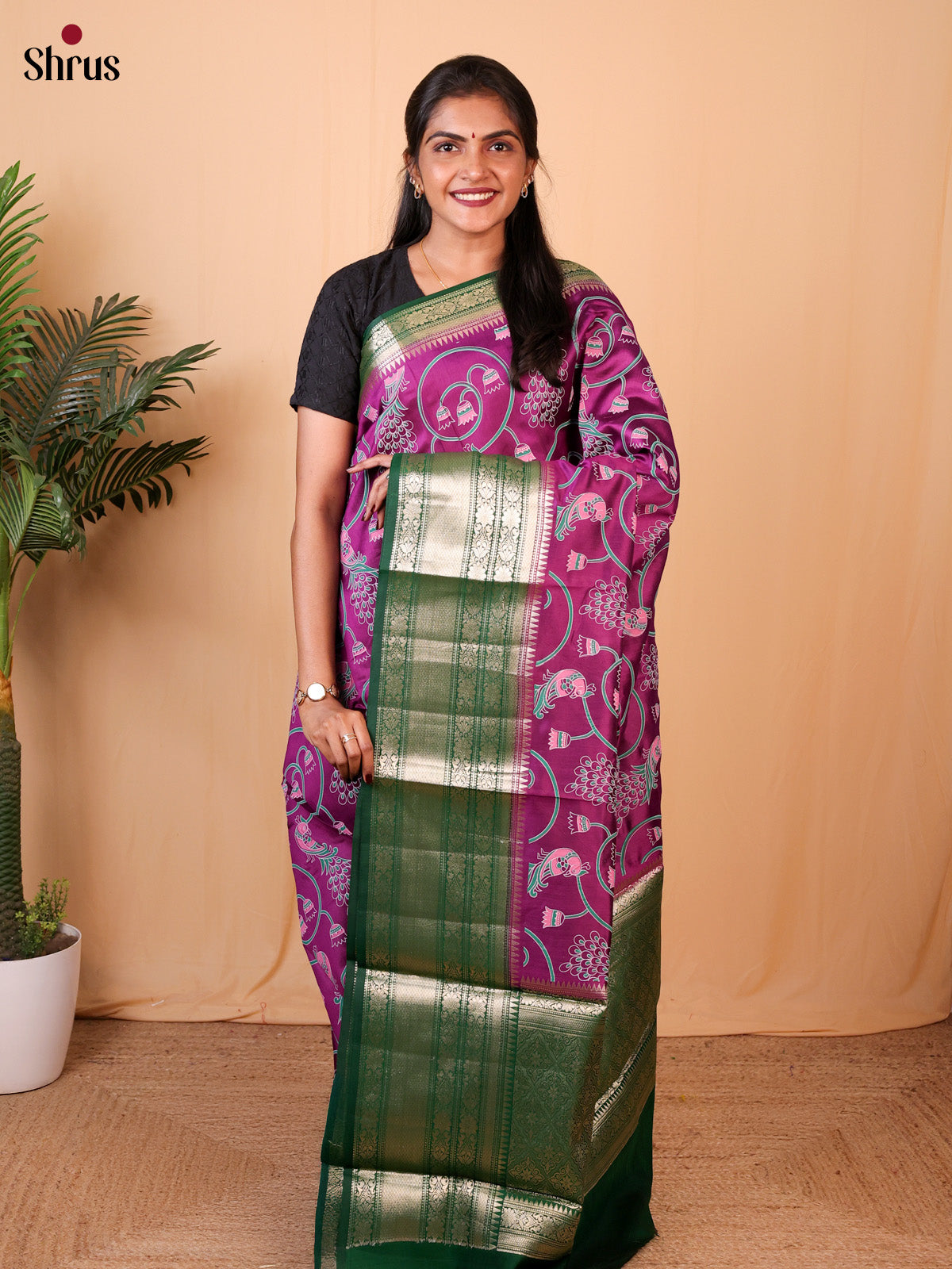 flower Purple & Green - Tussar Saree