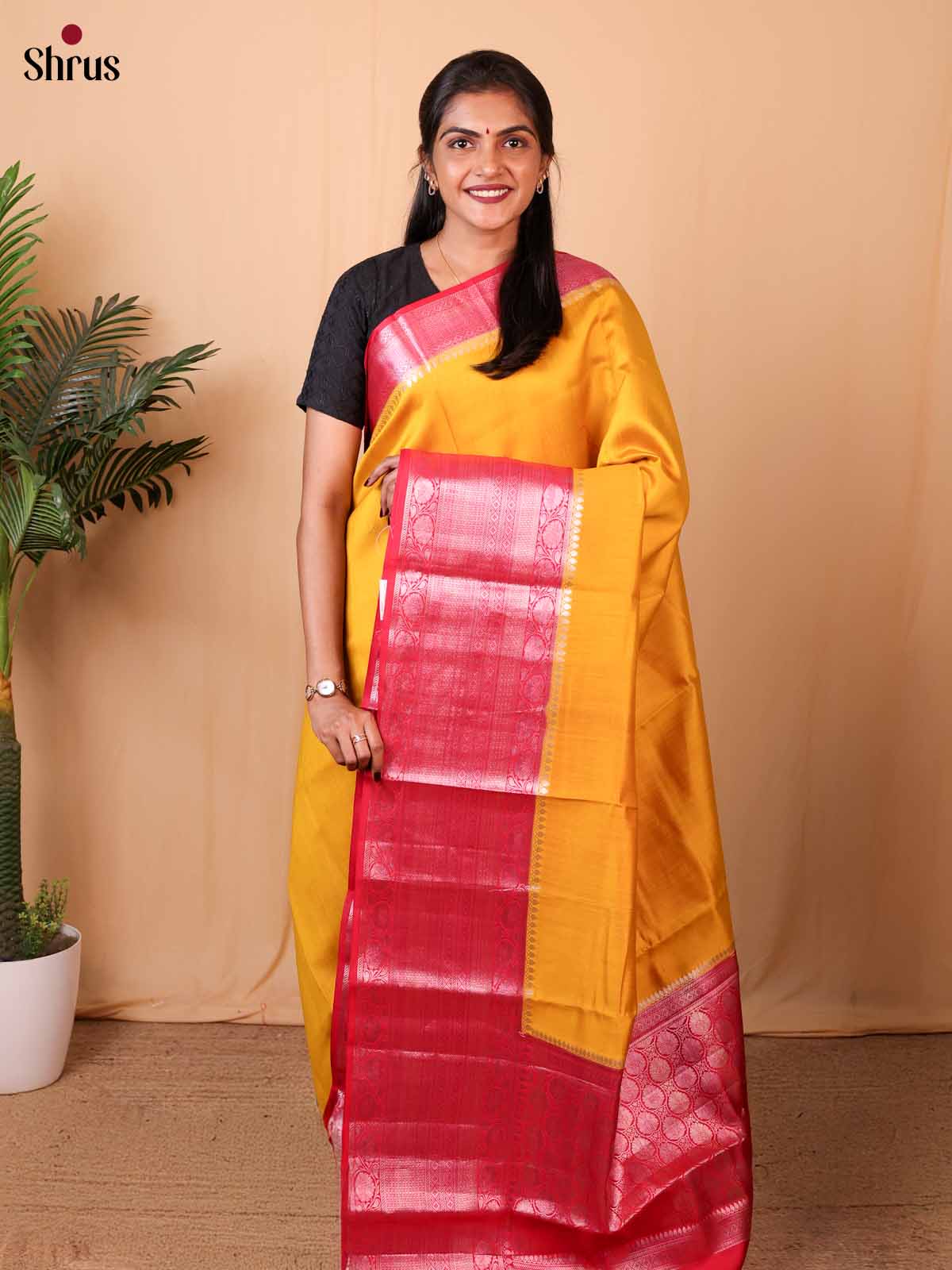 Mustard & Red- Tussar Saree - Shop on ShrusEternity.com