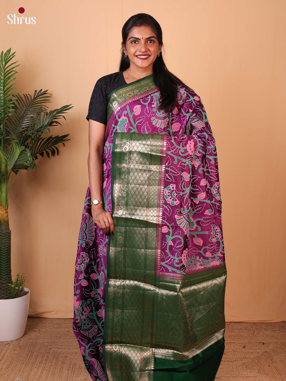 Dark Purple & Green - Tussar Saree