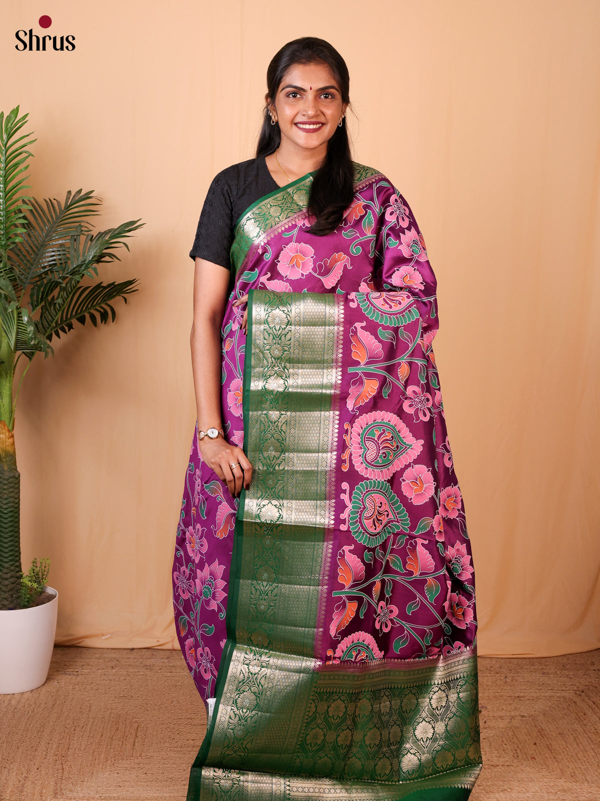 Purple & Green - Tussar Saree with zari border