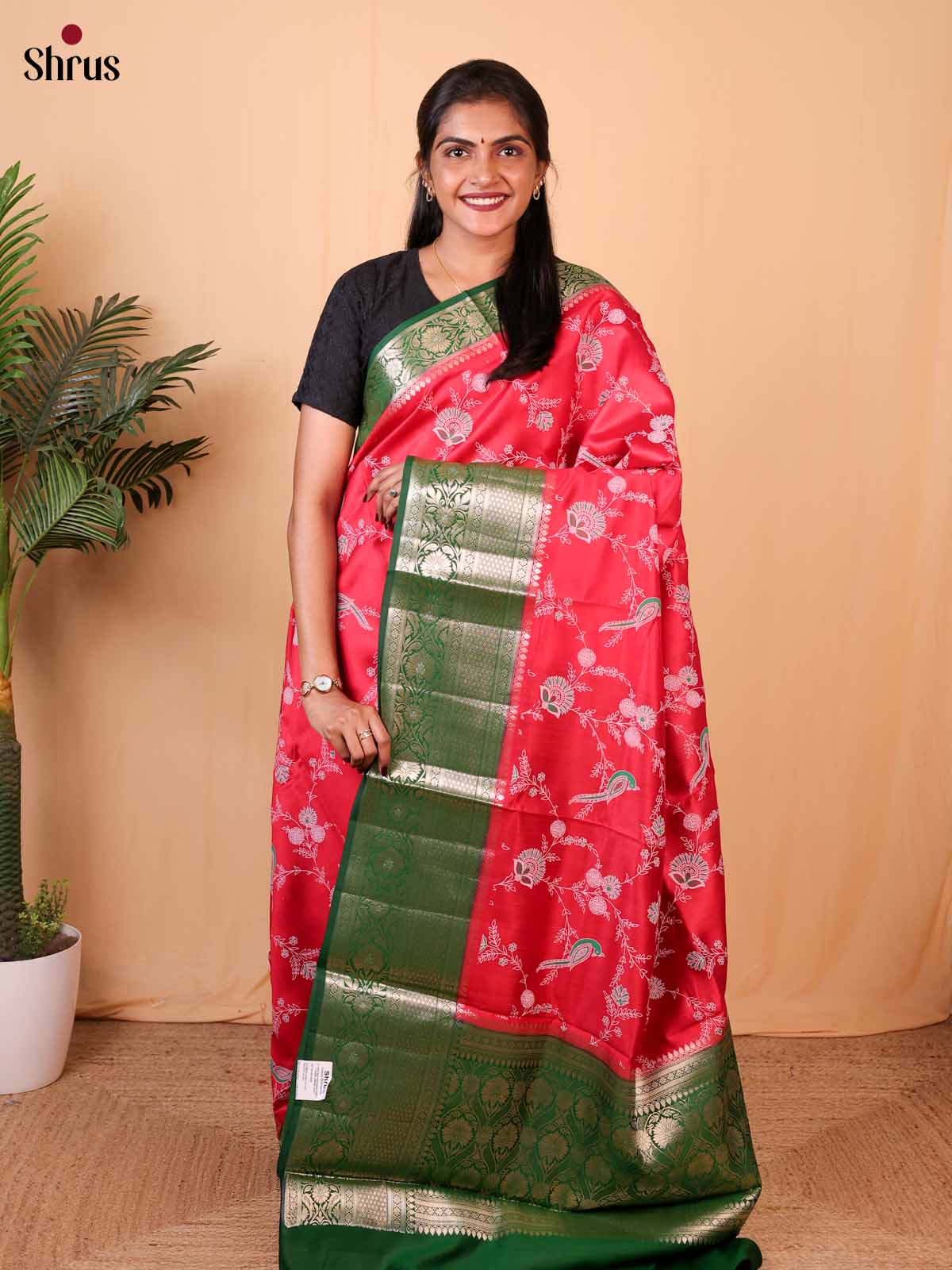 bright Red & Green - Tussar Saree