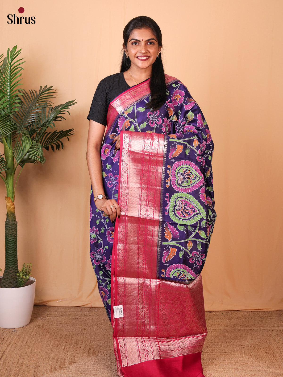 flower Violet & Red - Tussar Saree