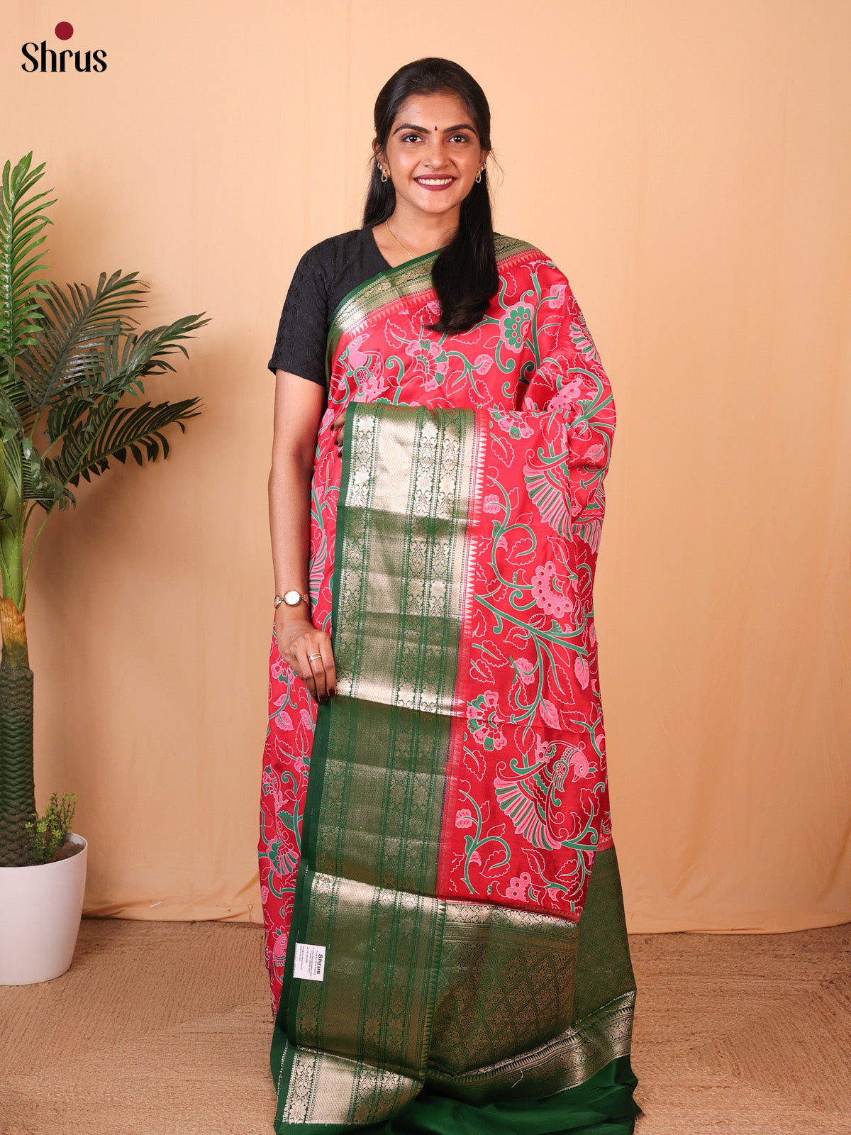Red & Green gold border - Tussar Saree-1