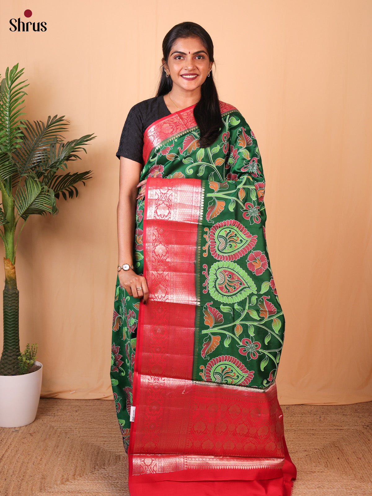 mango design Green & Red - Tussar Saree