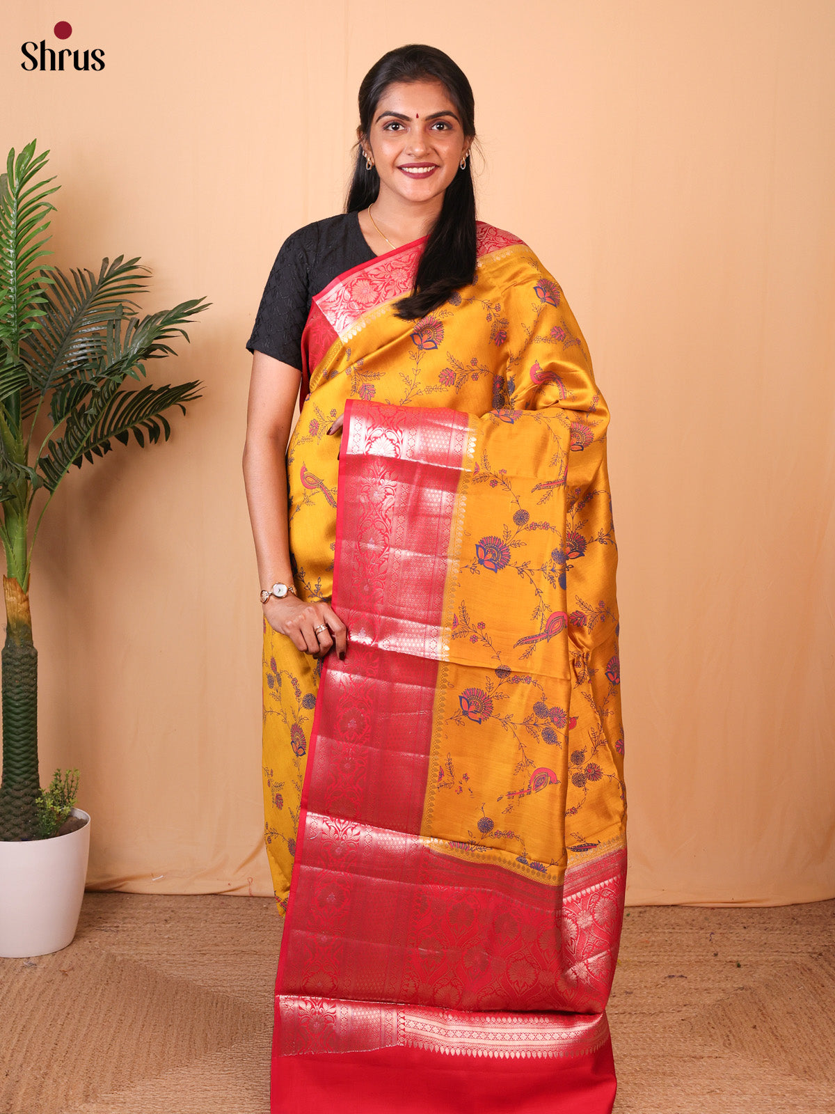 Mustard & Red - Tussar Saree - Shop on ShrusEternity.com