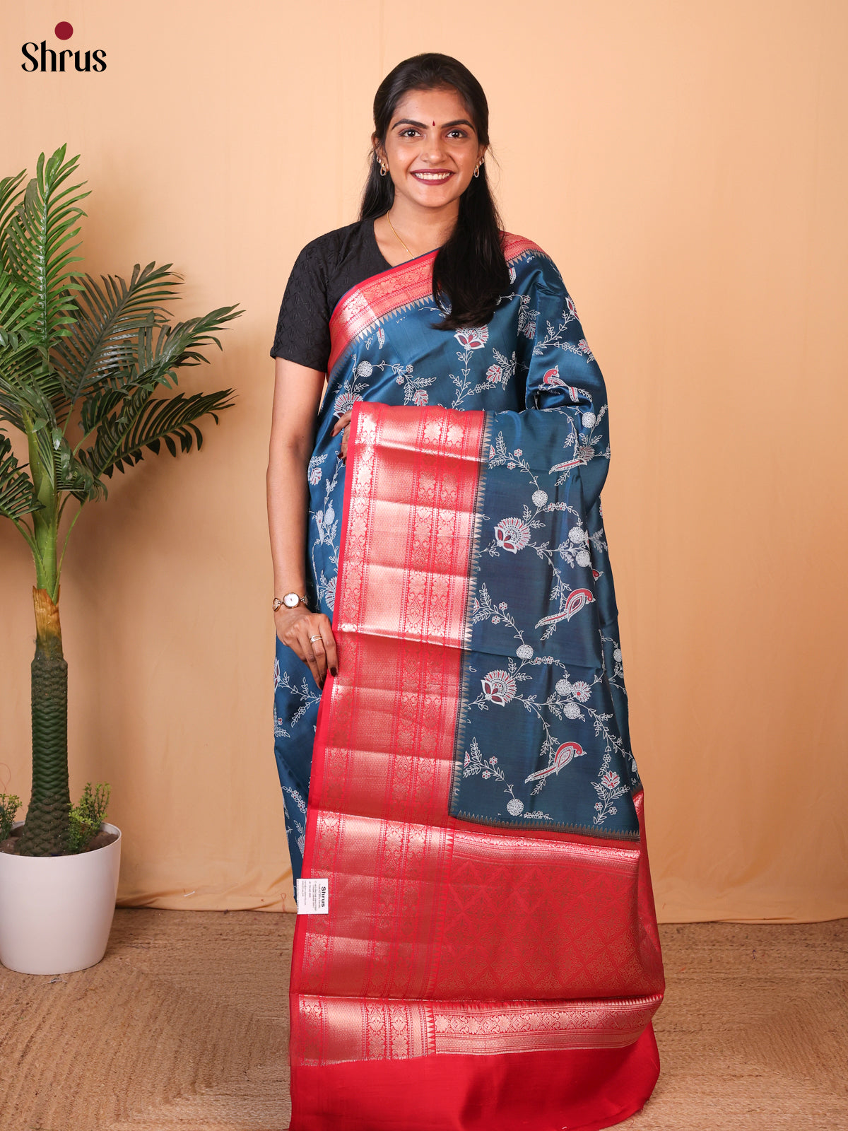 Blue & Red- Tussar Saree - Shop on ShrusEternity.com