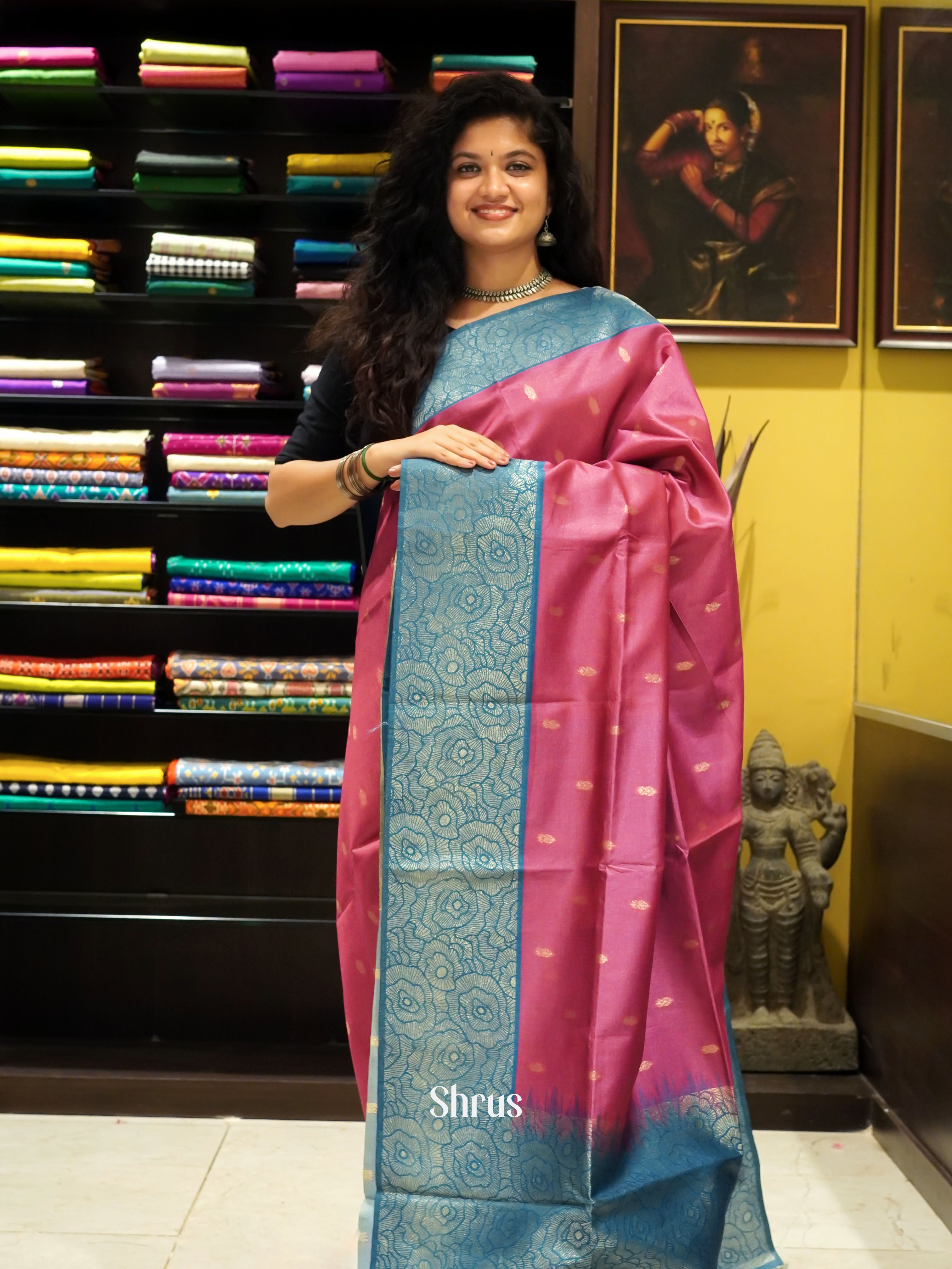 Pink & Blue - Semi Tussar Saree - Shop on ShrusEternity.com