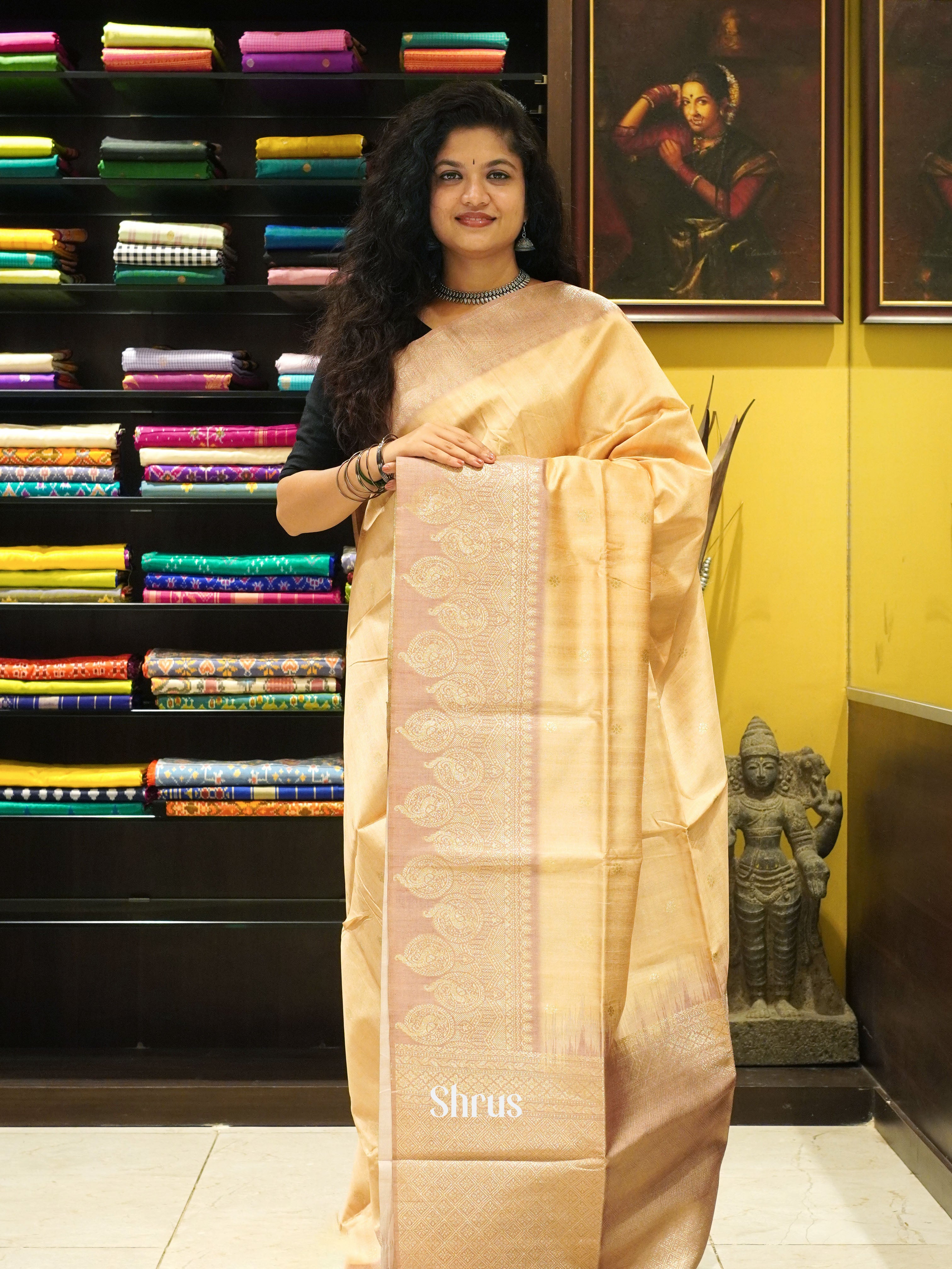 Beige and Onion pink - Semi Tussar Saree - Shop on ShrusEternity.com