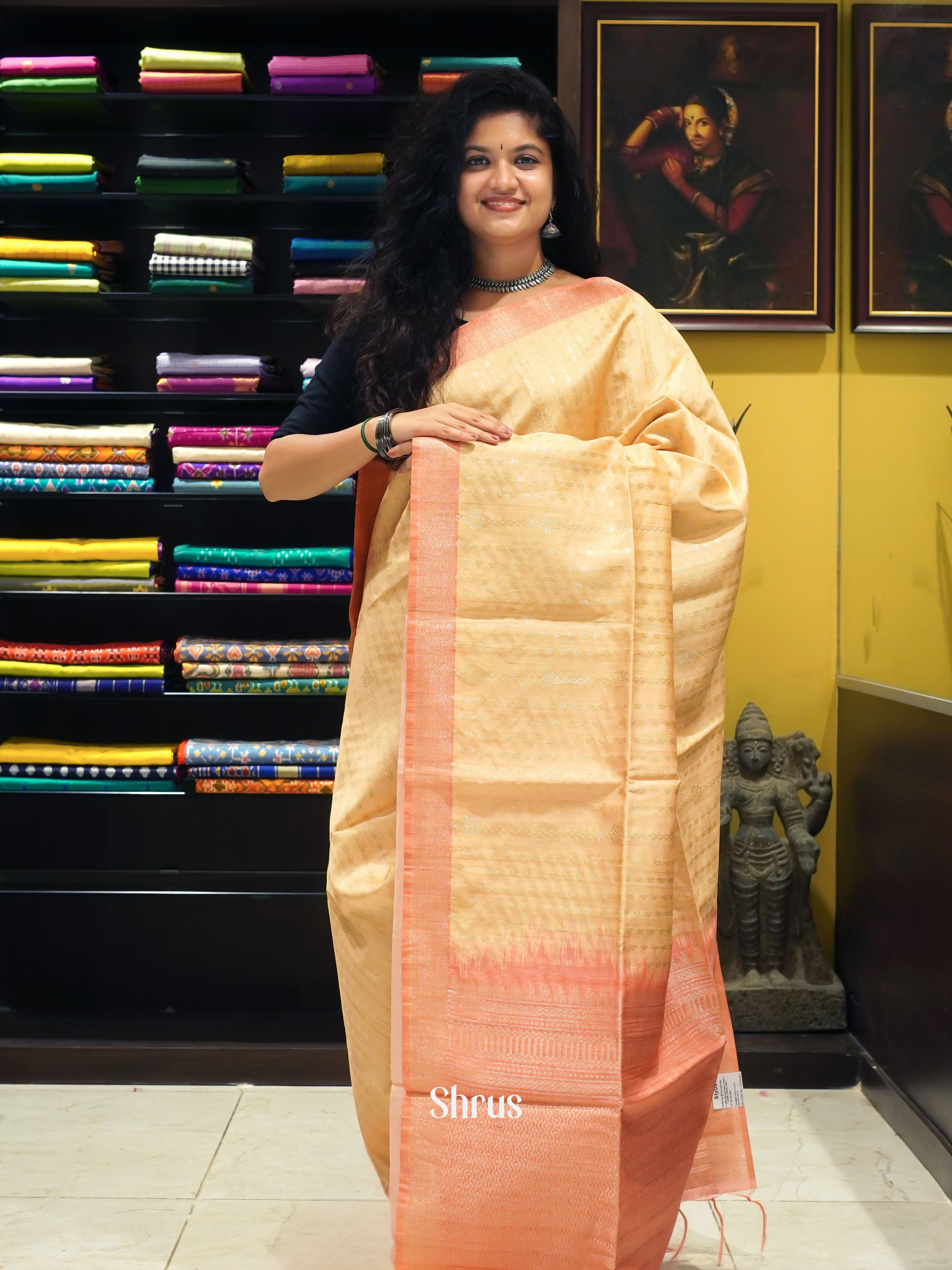 Yellow & Orange - Semi Tussar Saree - Shop on ShrusEternity.com