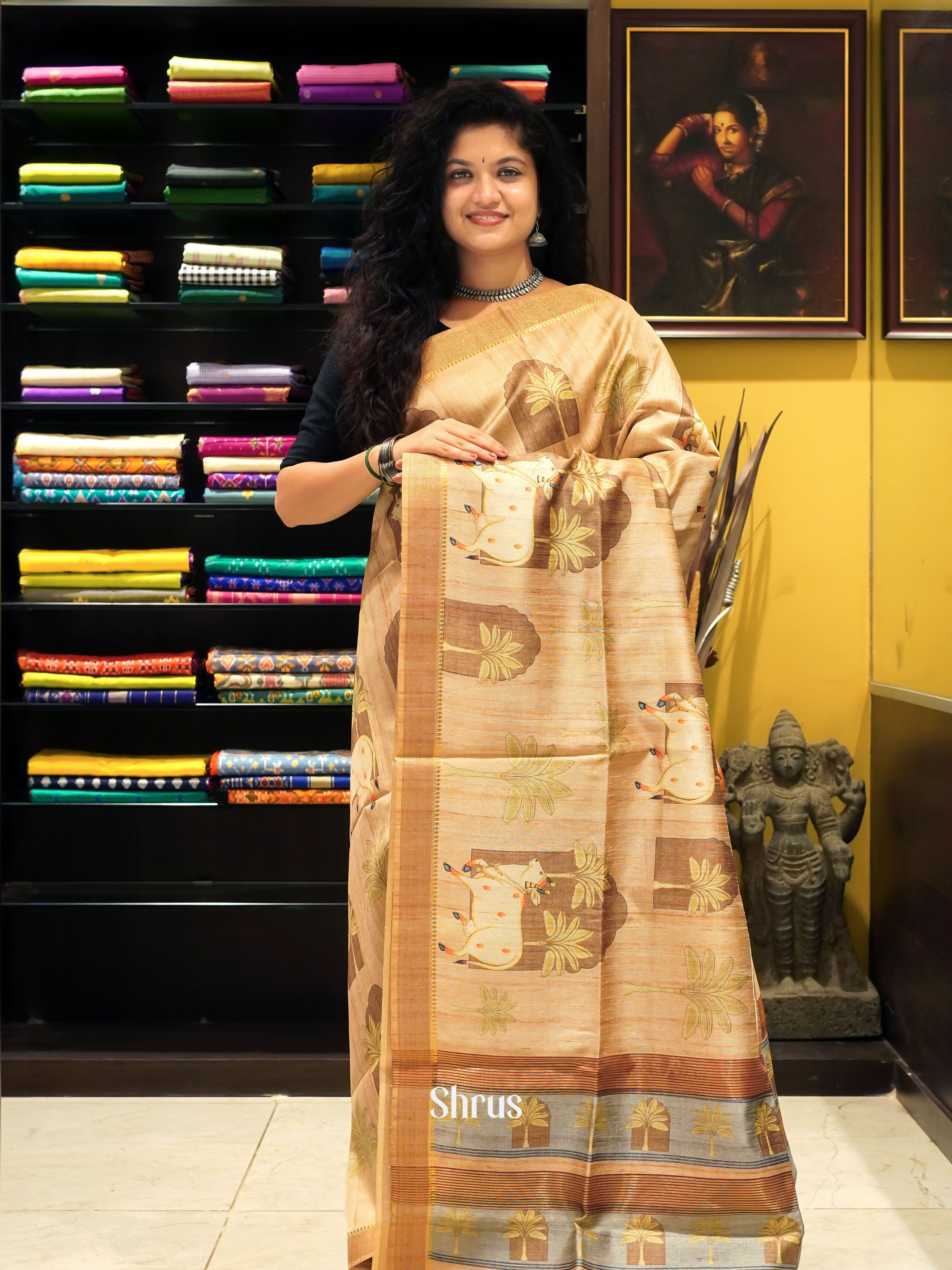 Beige & Brown - Semi Tussar Saree - Shop on ShrusEternity.com