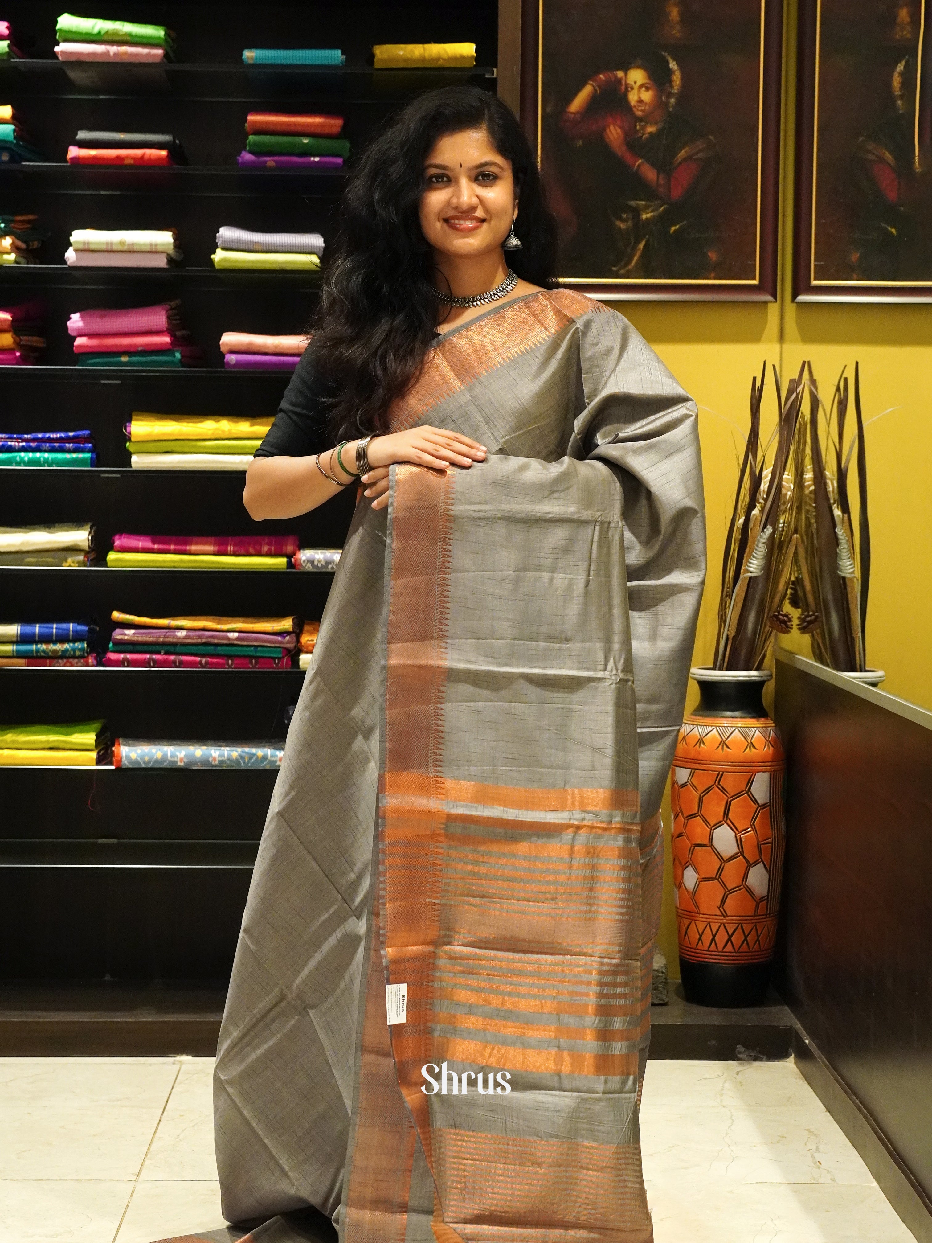 Grey(Single Tone) - Semi Dupion Saree - Shop on ShrusEternity.com