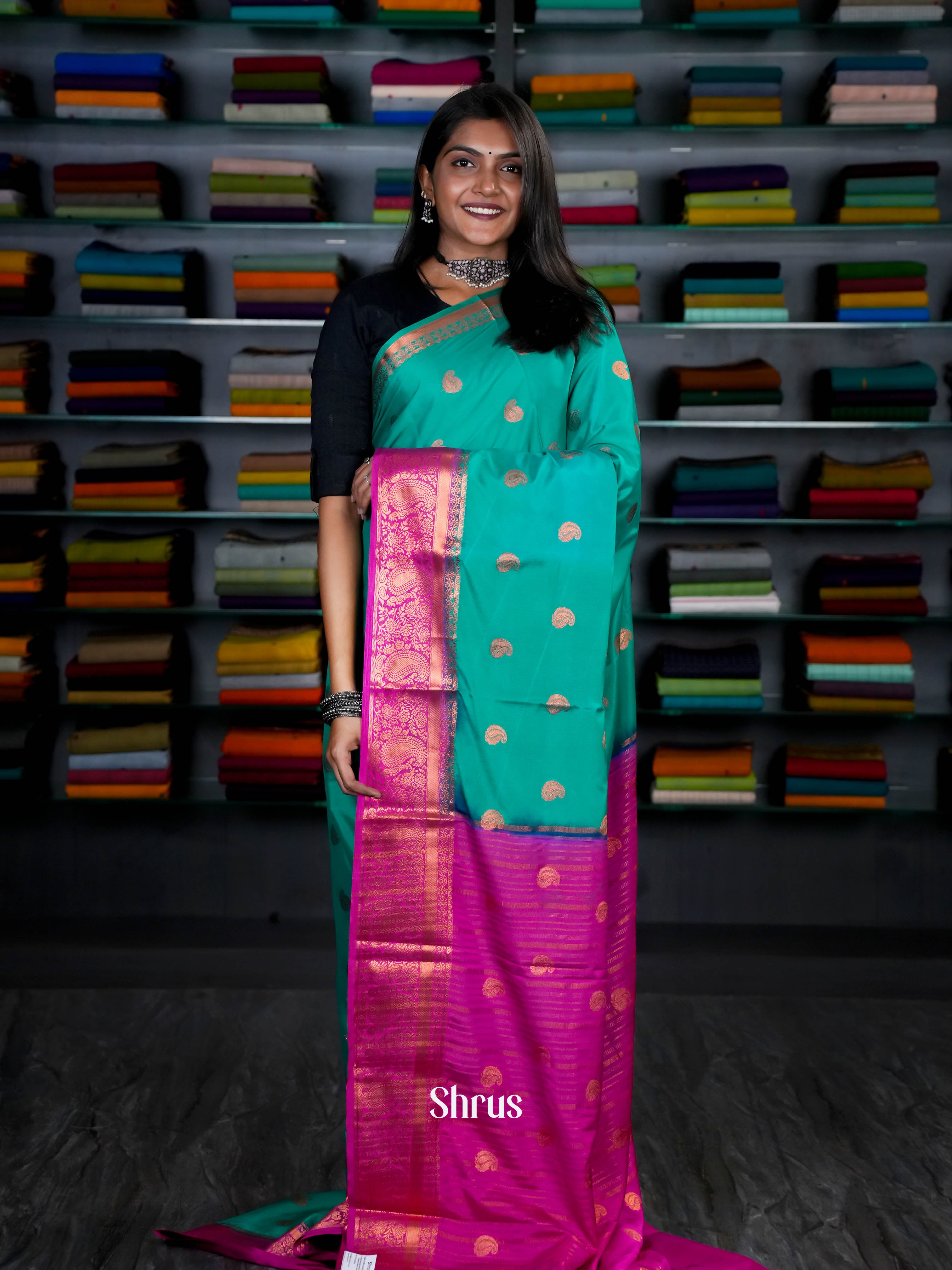 Green & Pink - Semi Mysoresilk Saree - Shop on ShrusEternity.com