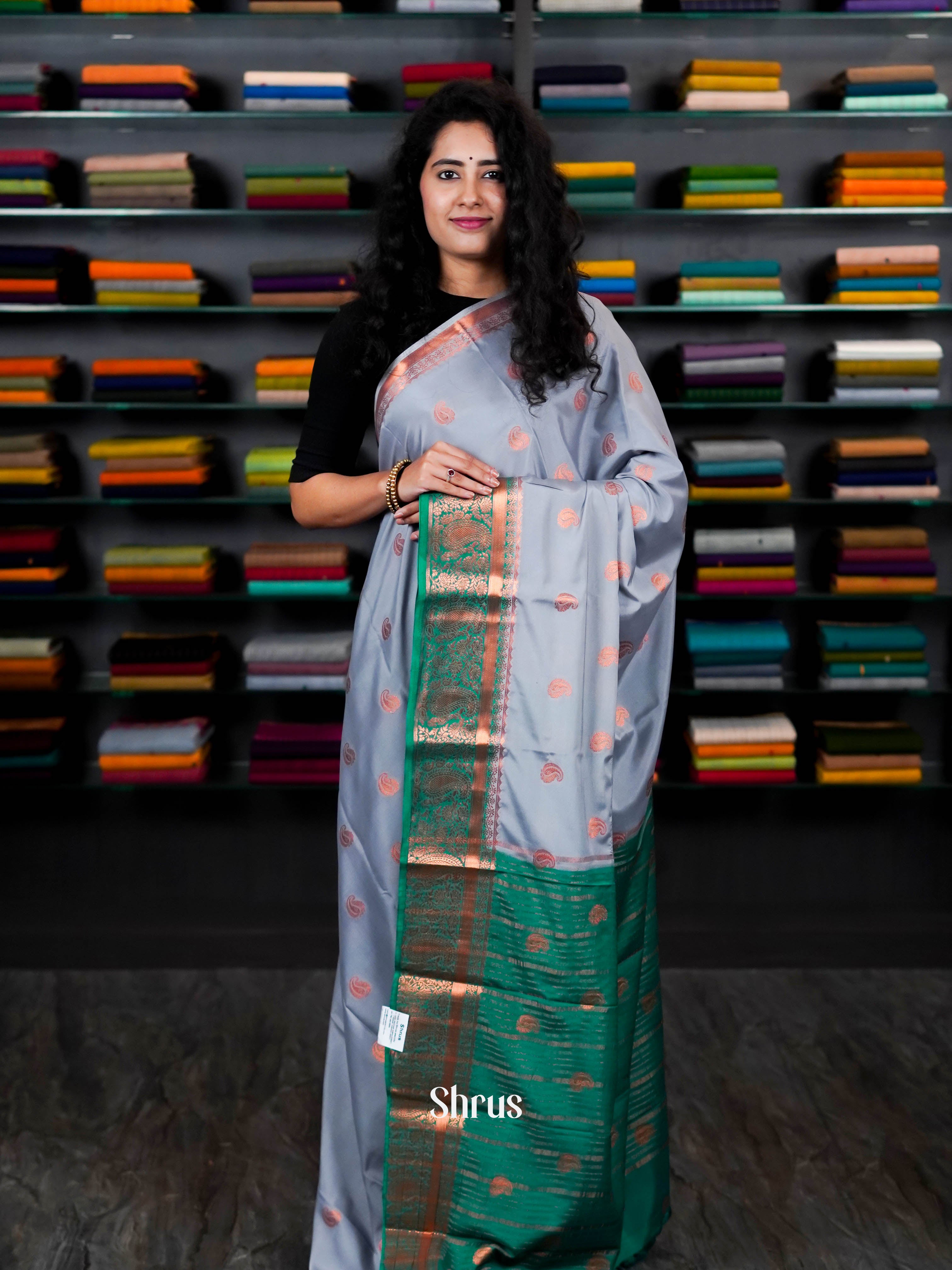 Grey & Green - Semi Mysore silk - Shop on ShrusEternity.com