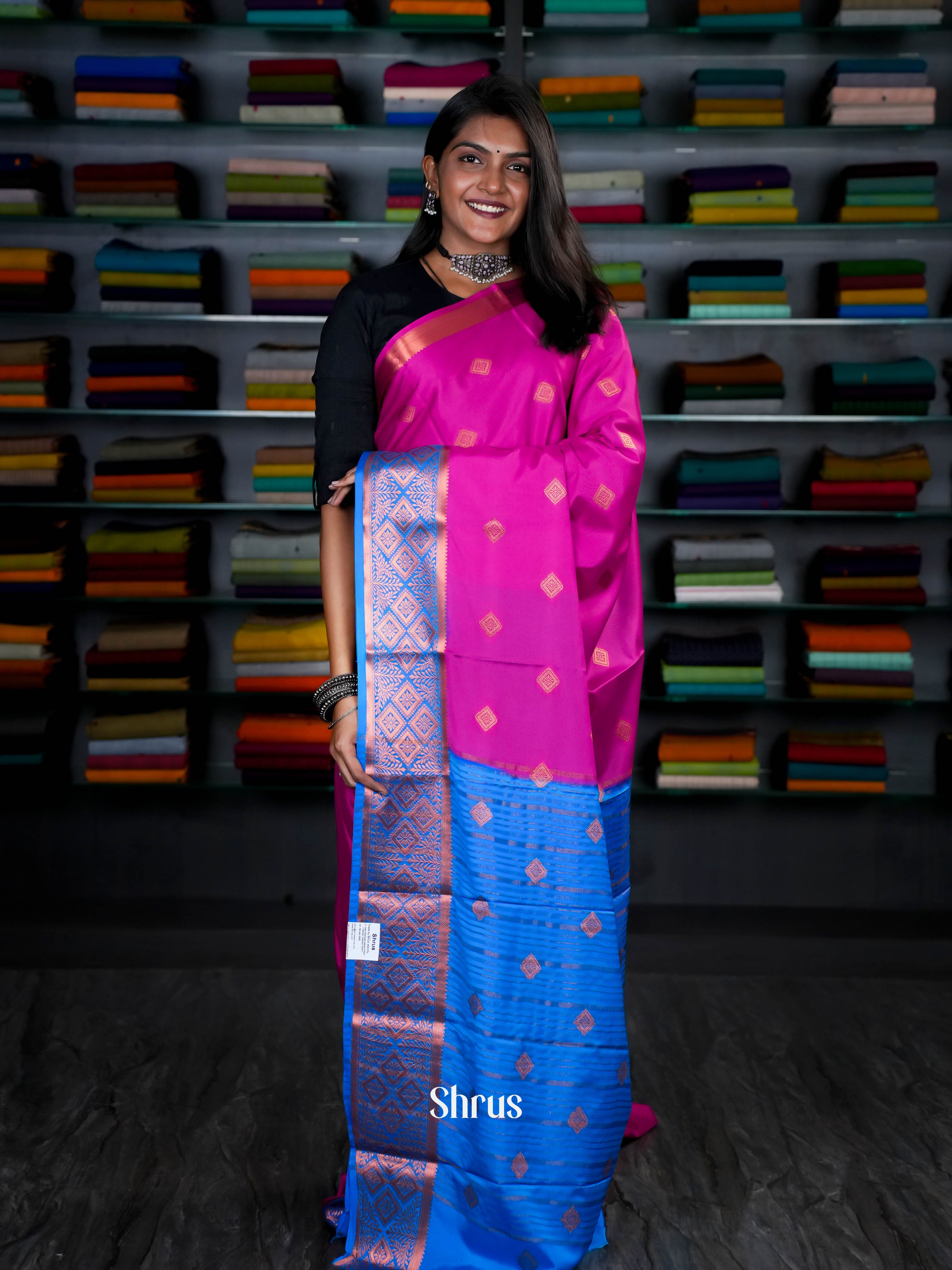 Dark Pink & Blue - Semi Mysoresilk Saree - Shop on ShrusEternity.com