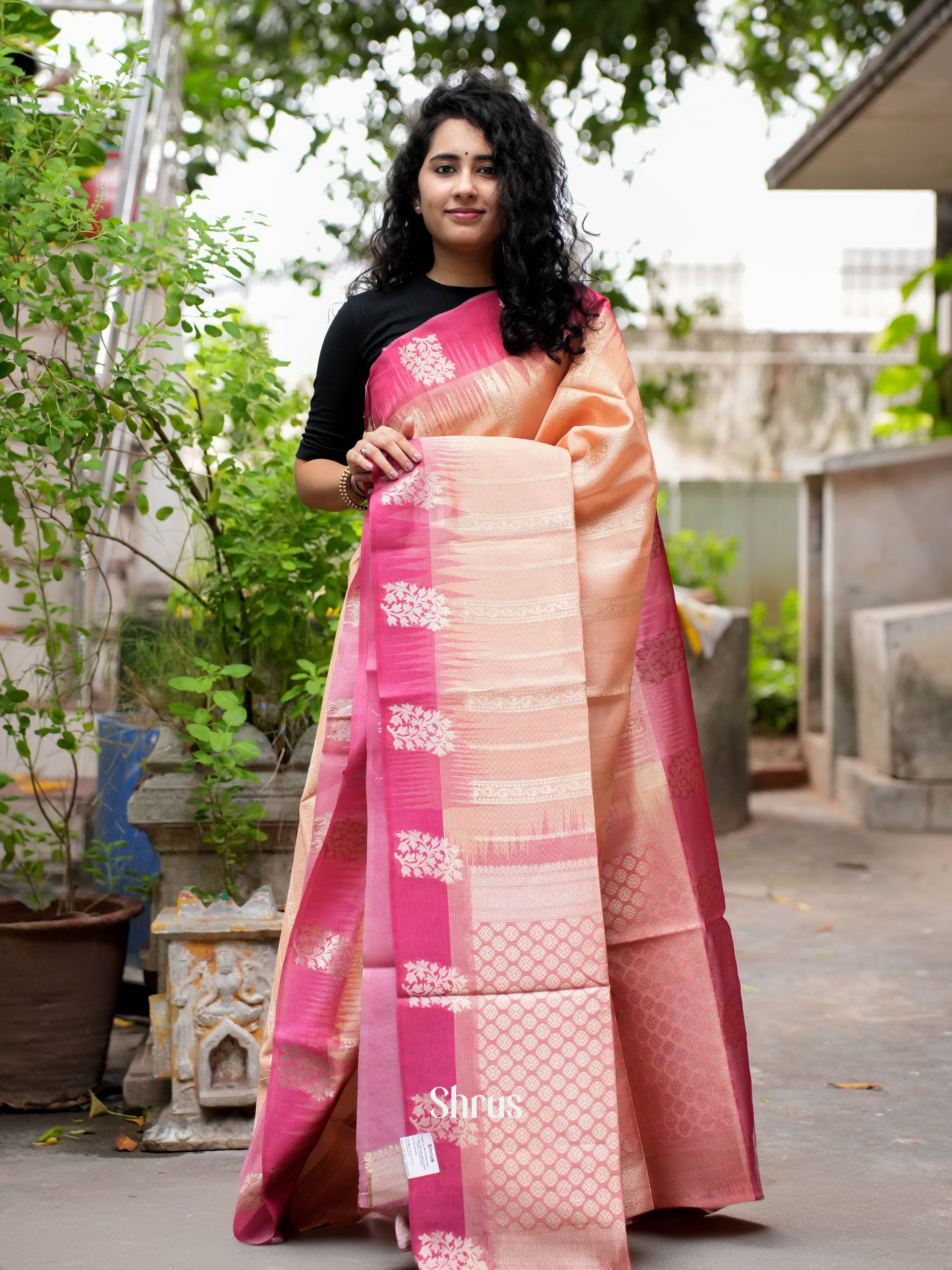 Pale Orange & Maroon - Semi Silkcotton Saree - Shop on ShrusEternity.com