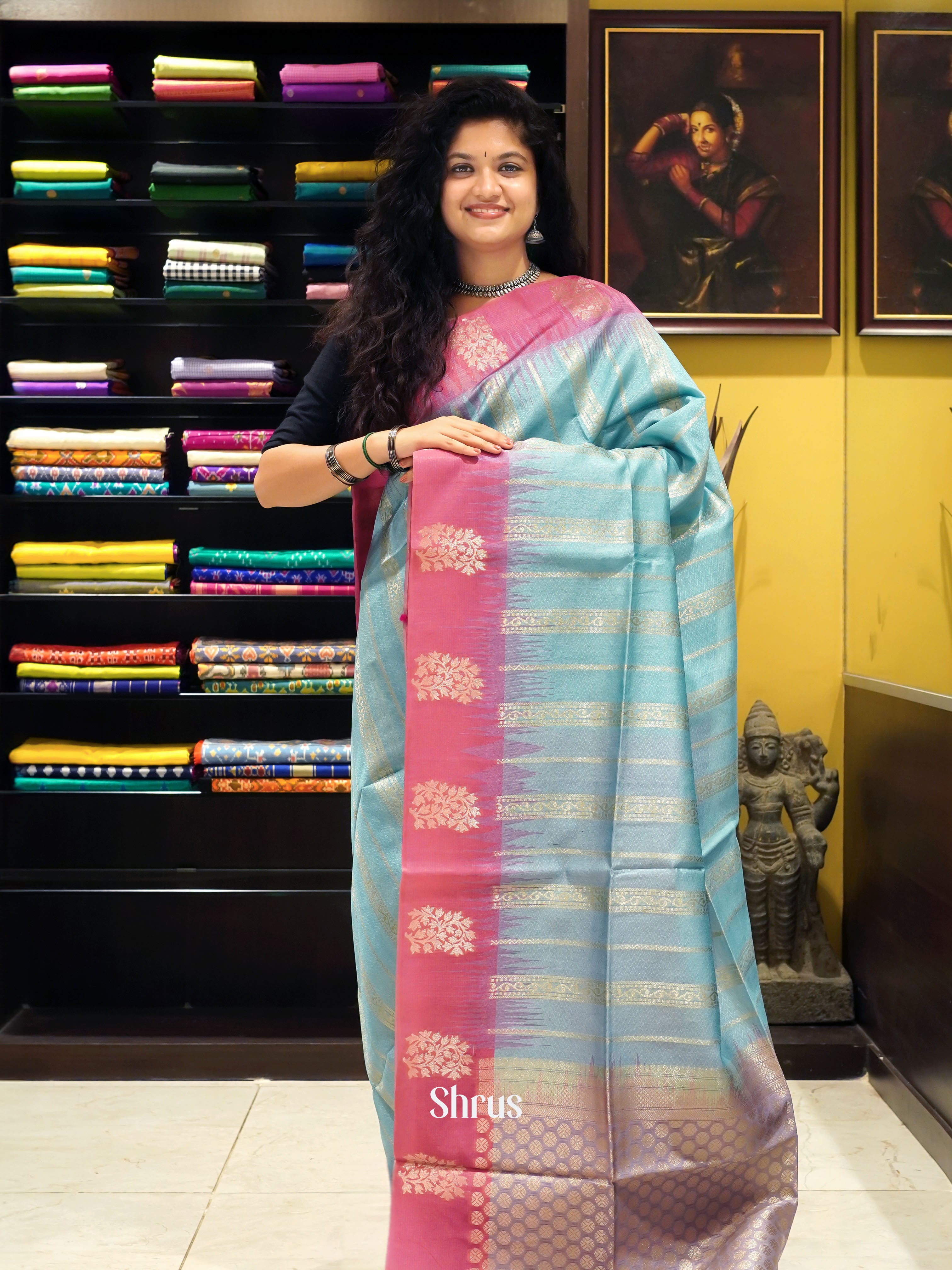 Blue & Pink - Semi Tussar Saree - Shop on ShrusEternity.com