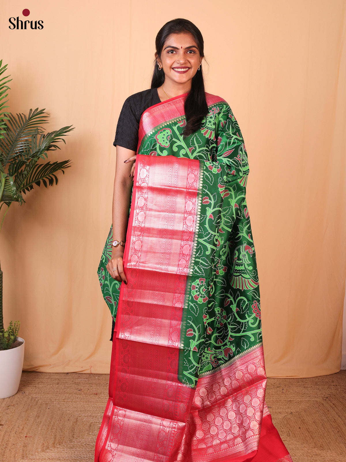 dark Green & Red - Tussar Saree