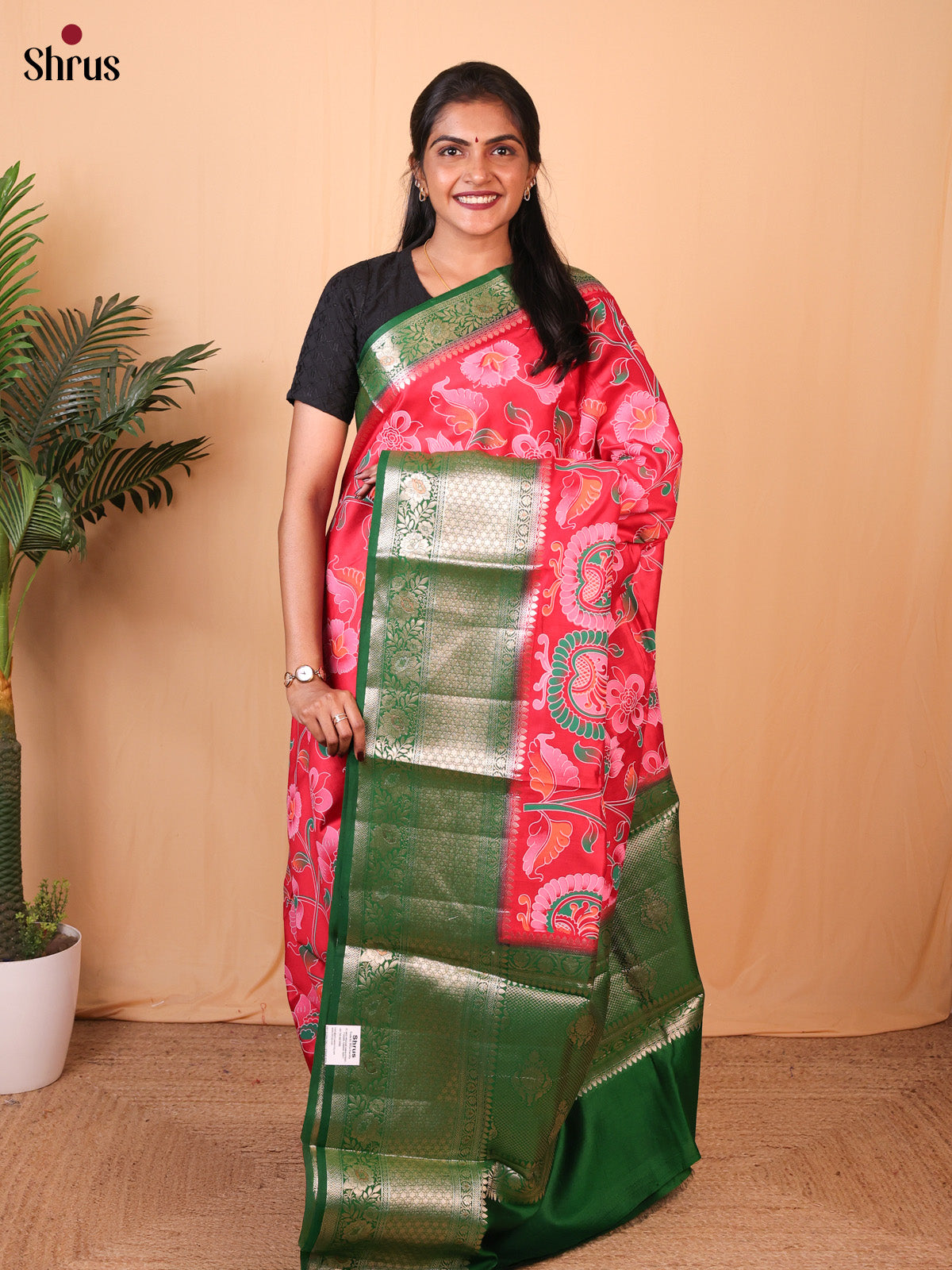 flower Red & Green - Tussar Saree