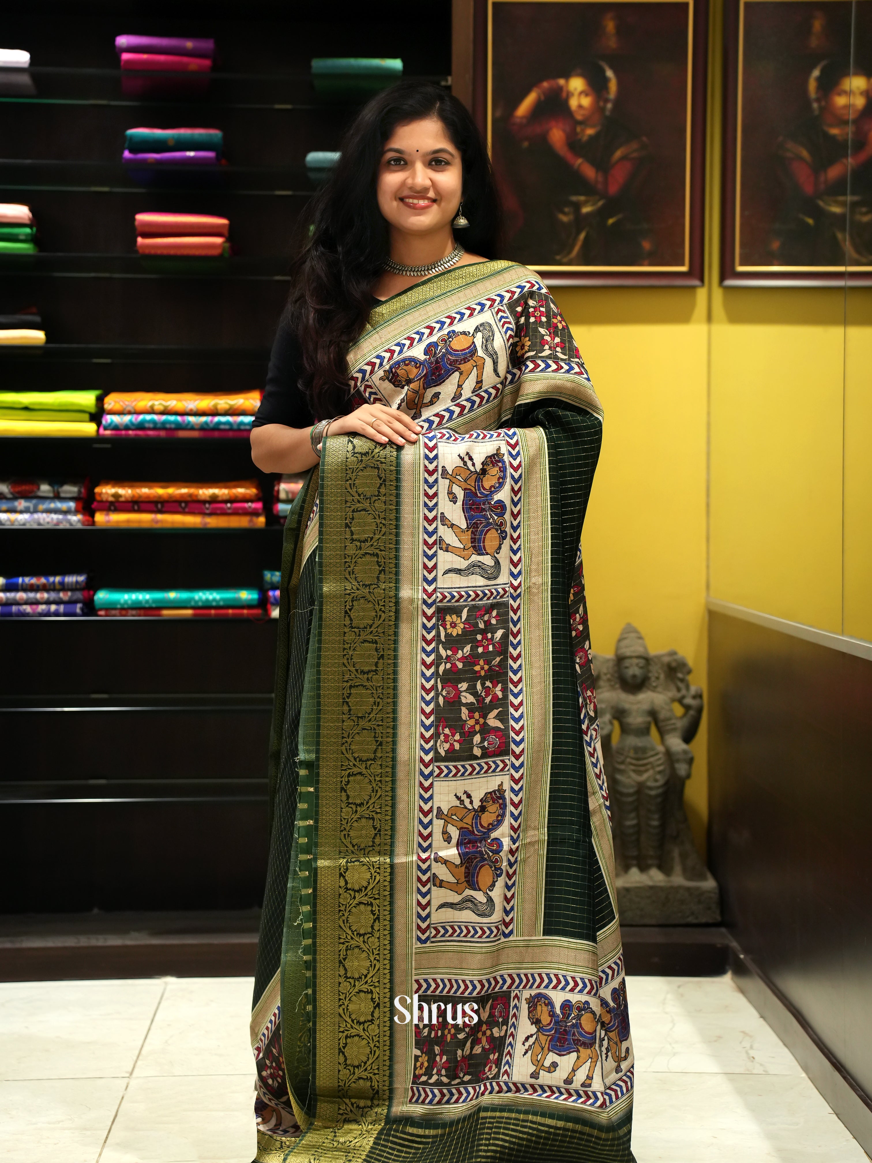 Green & Cream - Semi Crepe Saree - Shop on ShrusEternity.com