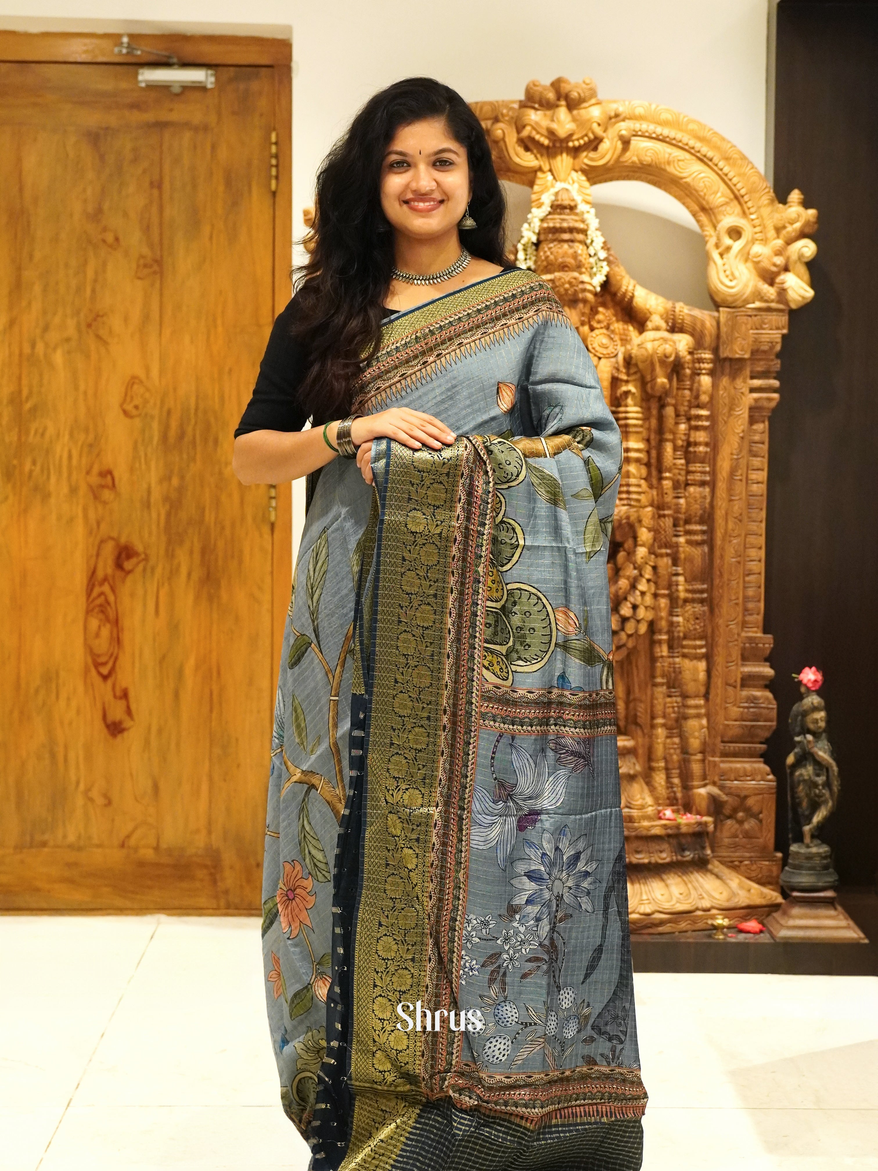 Bluish Grey & Blue - Semi Crepe Saree - Shop on ShrusEternity.com