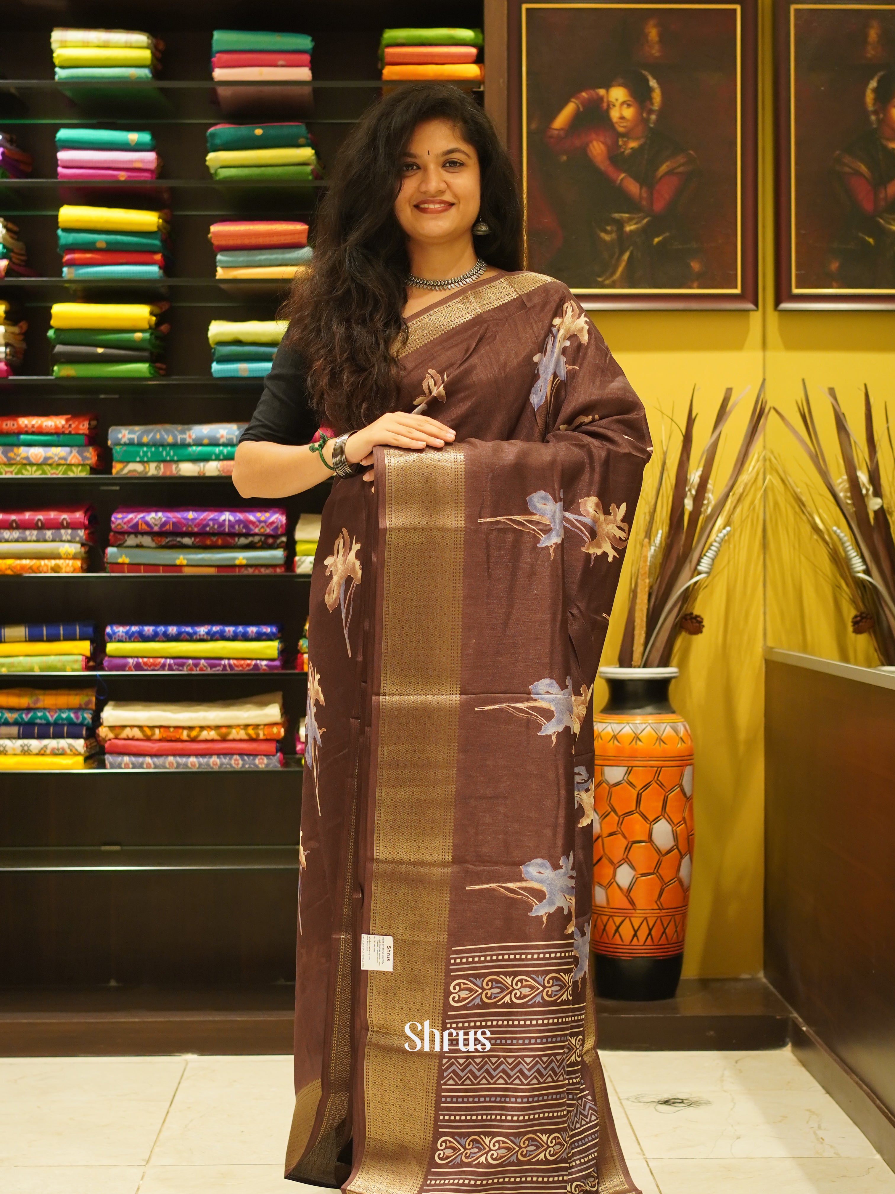 Brown(Single tone)- Semi Crepe Saree - Shop on ShrusEternity.com