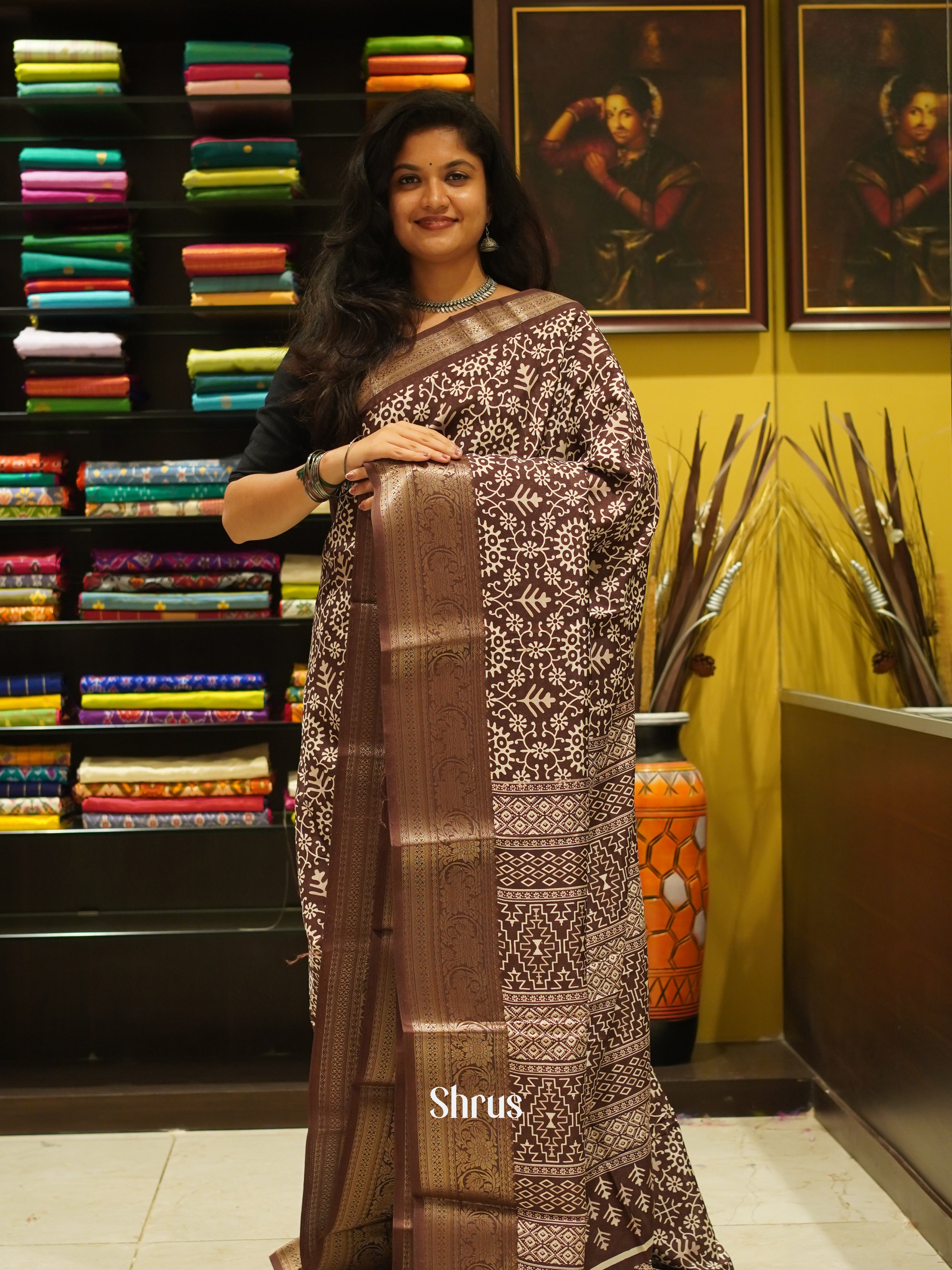 Brown(SIngle Tone) - Semi crepe Saree - Shop on ShrusEternity.com
