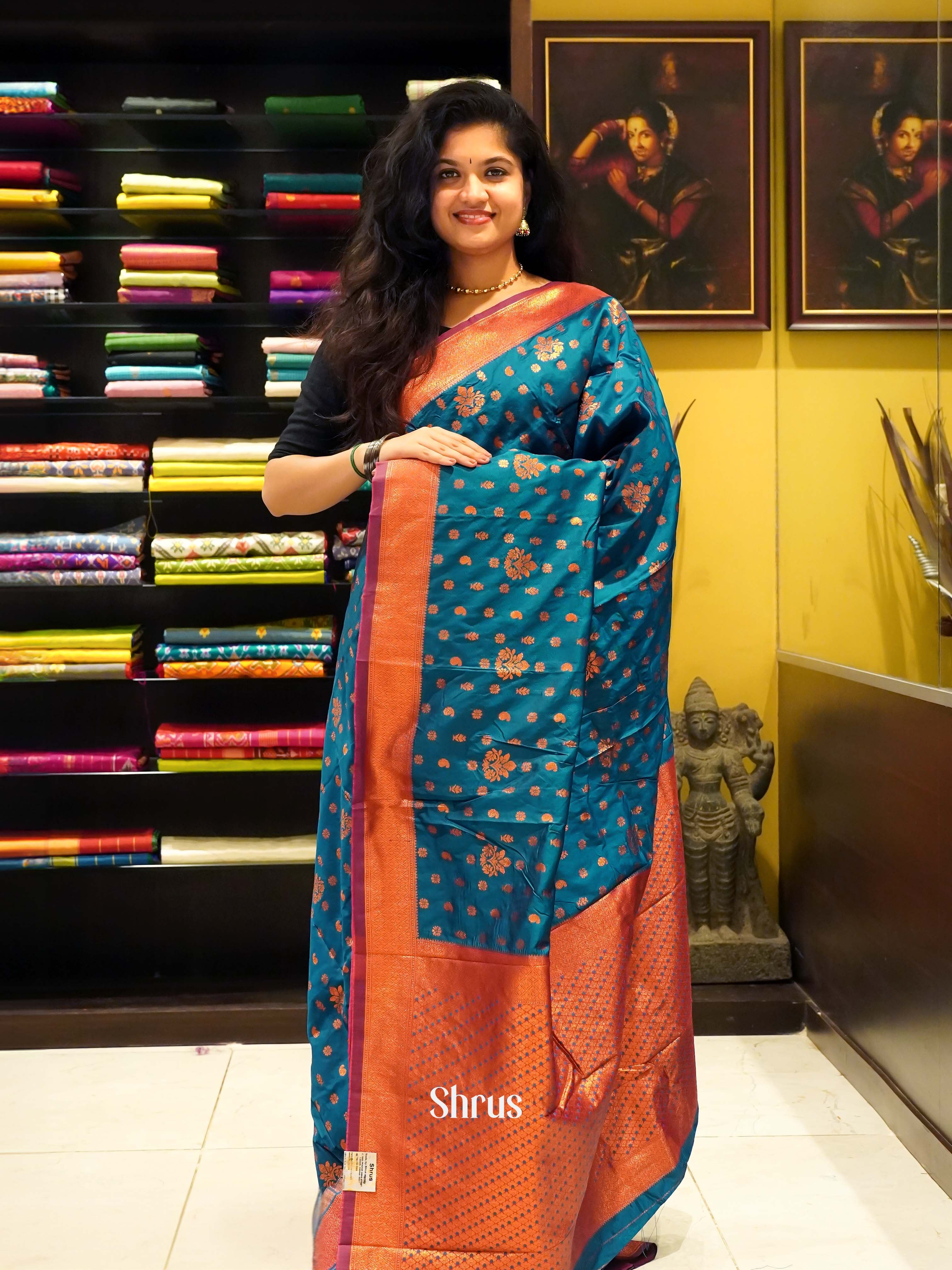 Peacock Blue And Pink - Semi Kanchipuram Saree - Shop on ShrusEternity.com